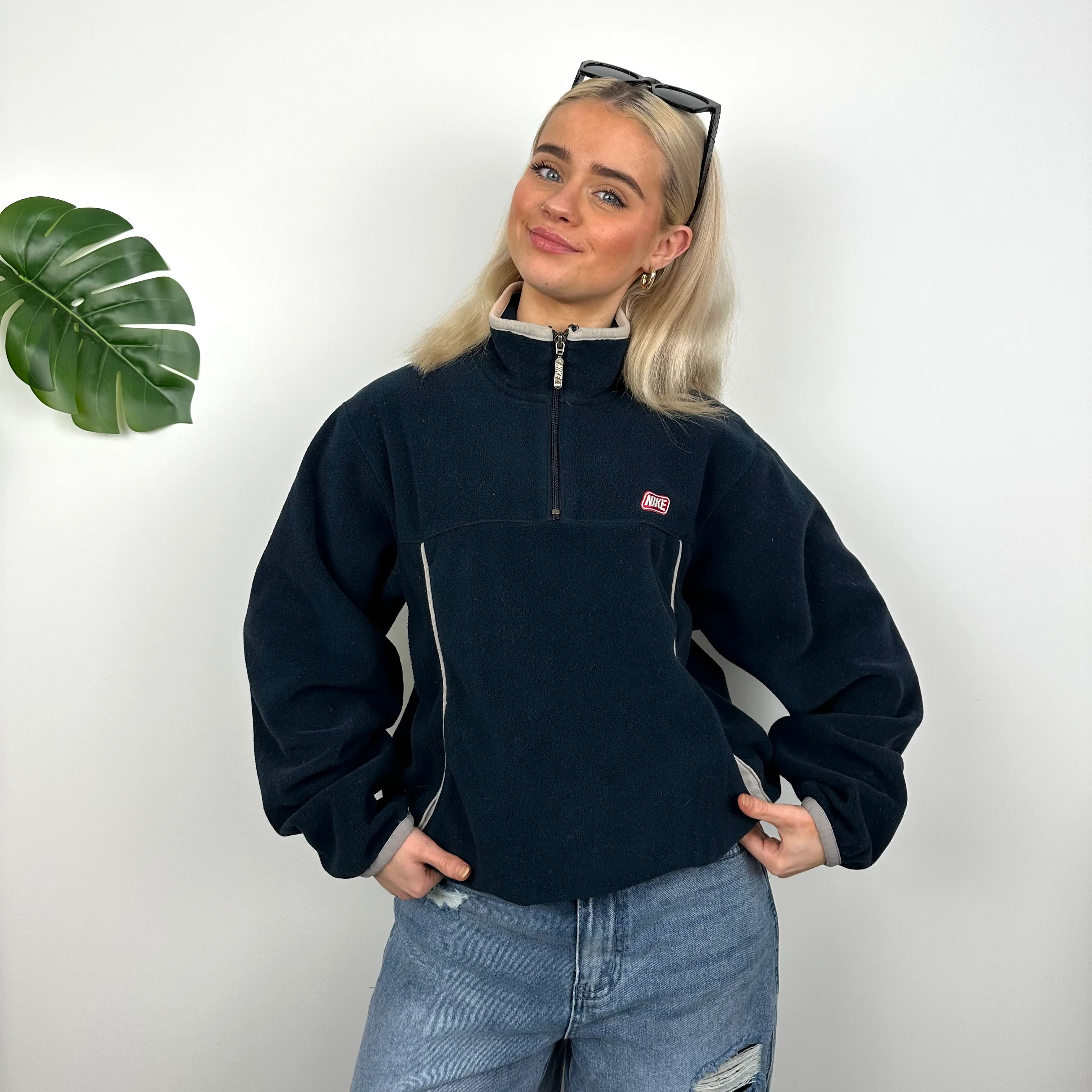 Nike Navy Embroidered Spell Out Teddy Bear Fleece Quarter Zip (S) - Image 6