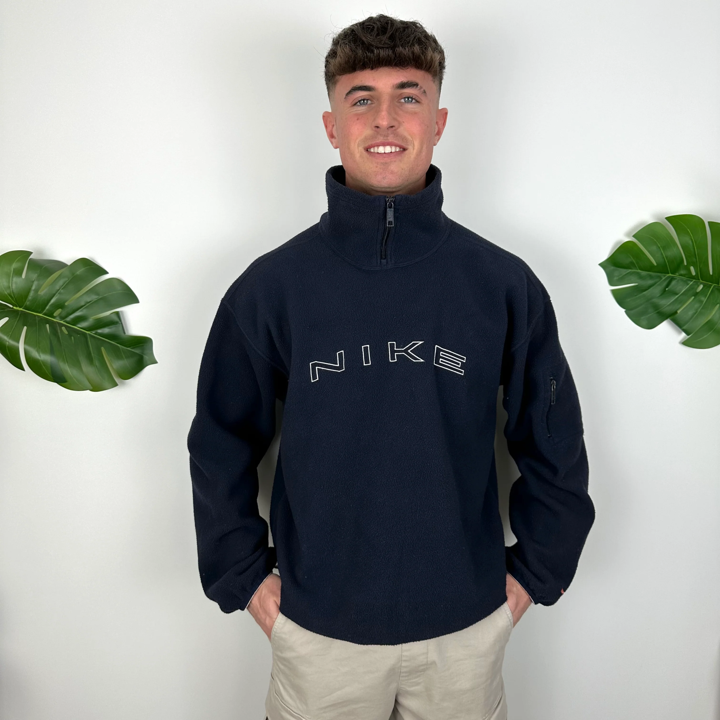 Nike Navy Embroidered Spell Out Teddy Bear Fleece Quarter Zip Sweatshirt (L)