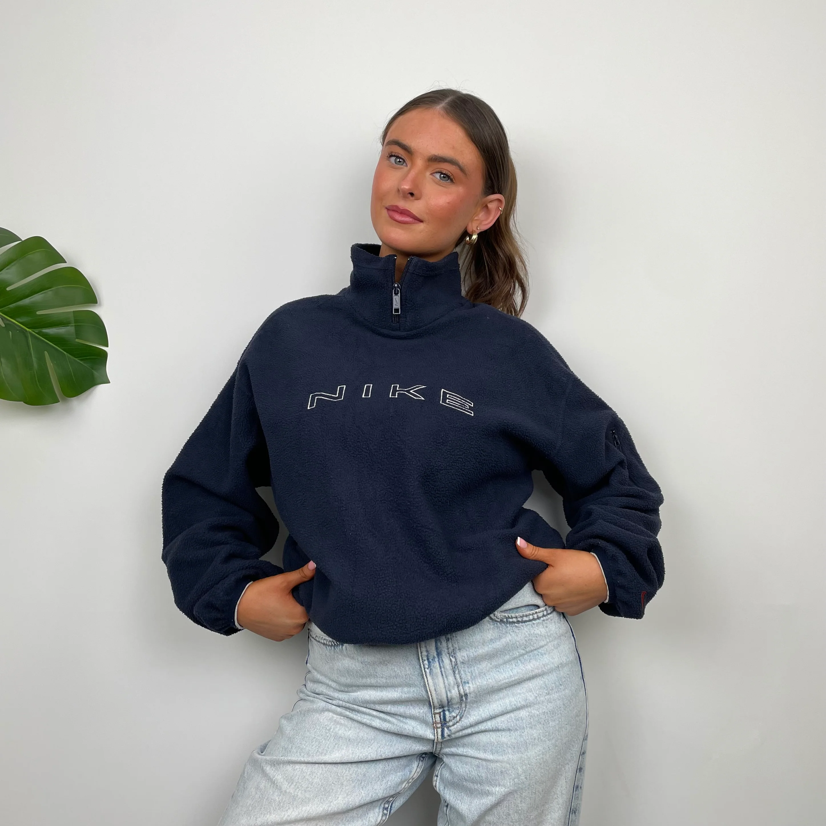 Nike Navy Embroidered Spell Out Teddy Bear Fleece Quarter Zip Sweatshirt (M) - Image 3