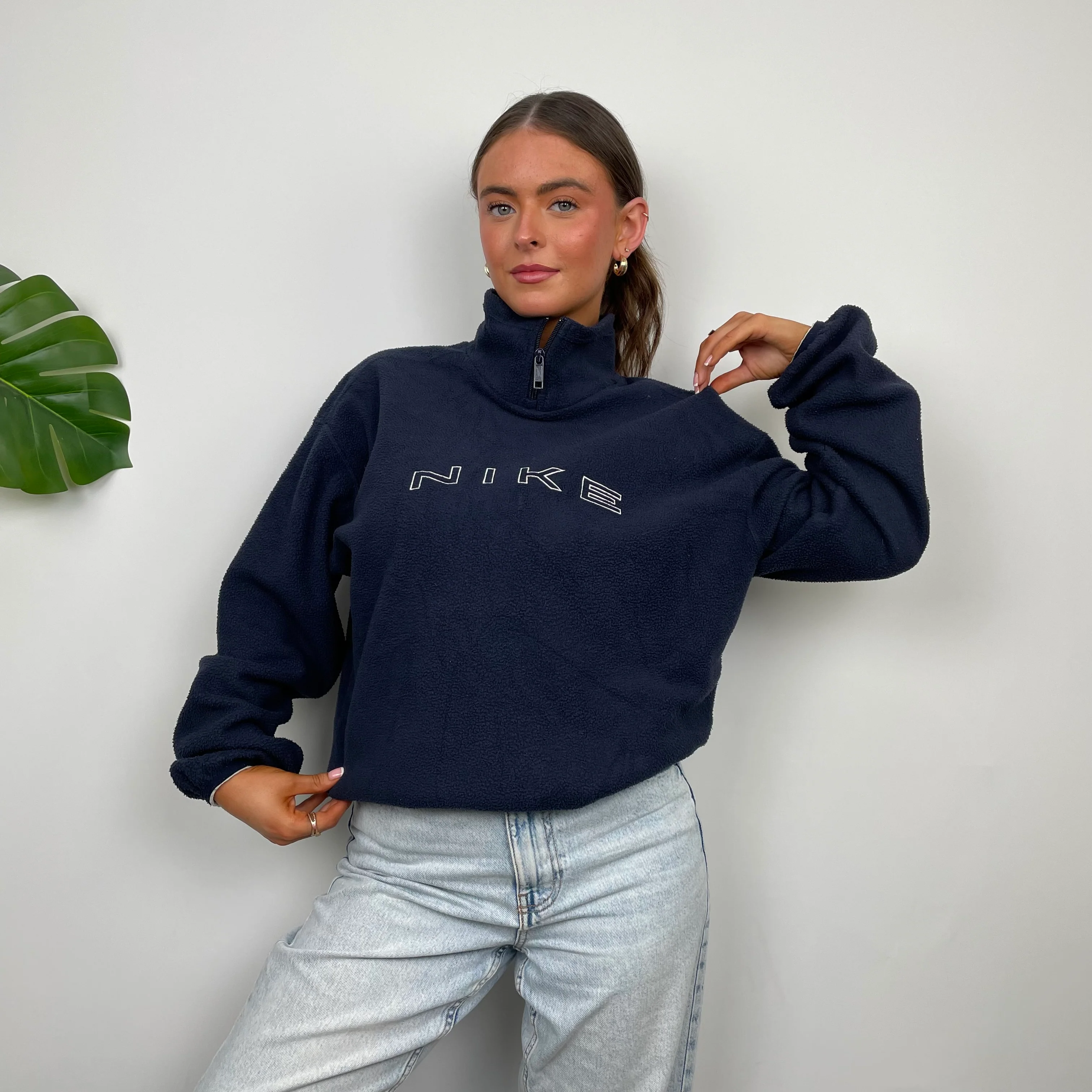 Nike Navy Embroidered Spell Out Teddy Bear Fleece Quarter Zip Sweatshirt (M) - Image 4