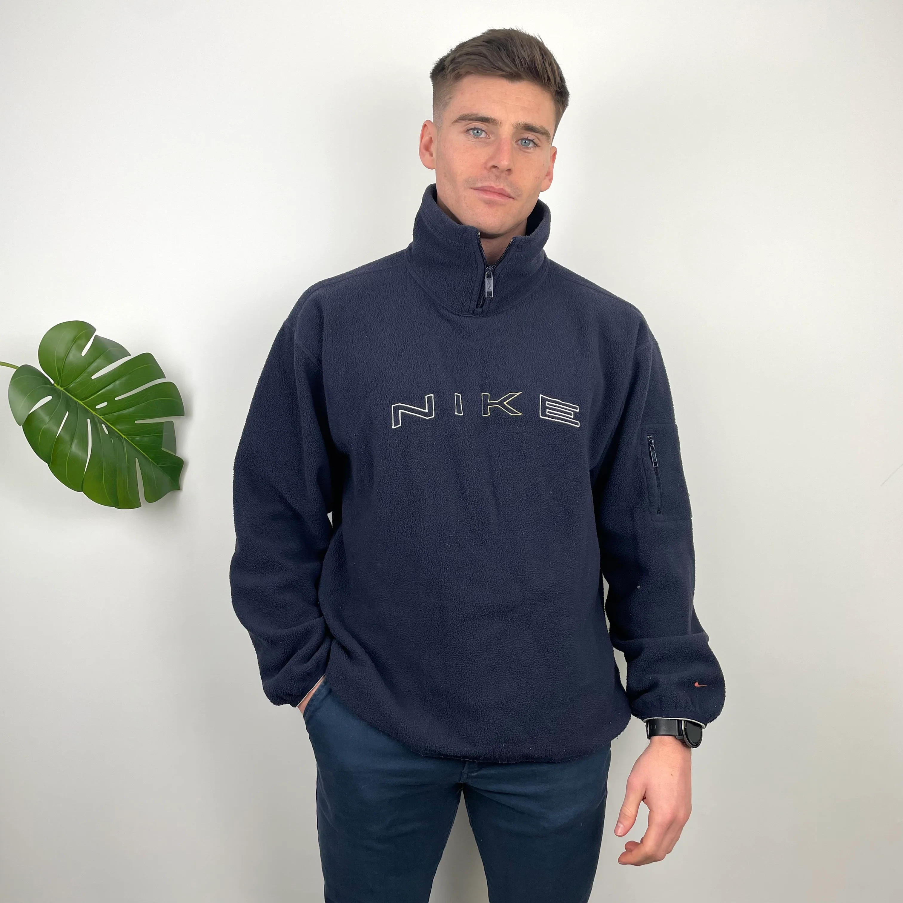 Nike Navy Embroidered Spell Out Teddy Bear Fleece Quarter Zip Sweatshirt (L) - Image 3