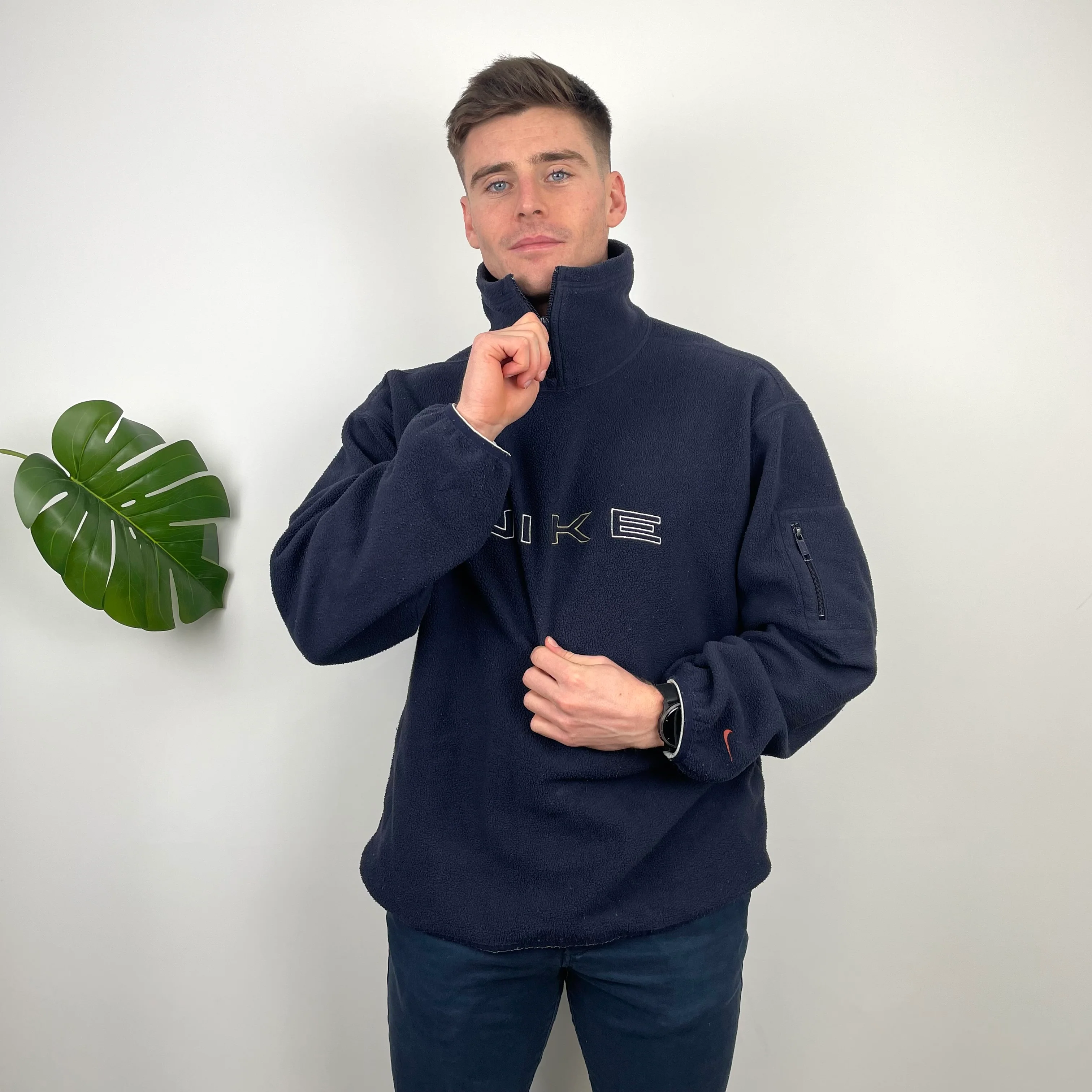Nike Navy Embroidered Spell Out Teddy Bear Fleece Quarter Zip Sweatshirt (L) - Image 4