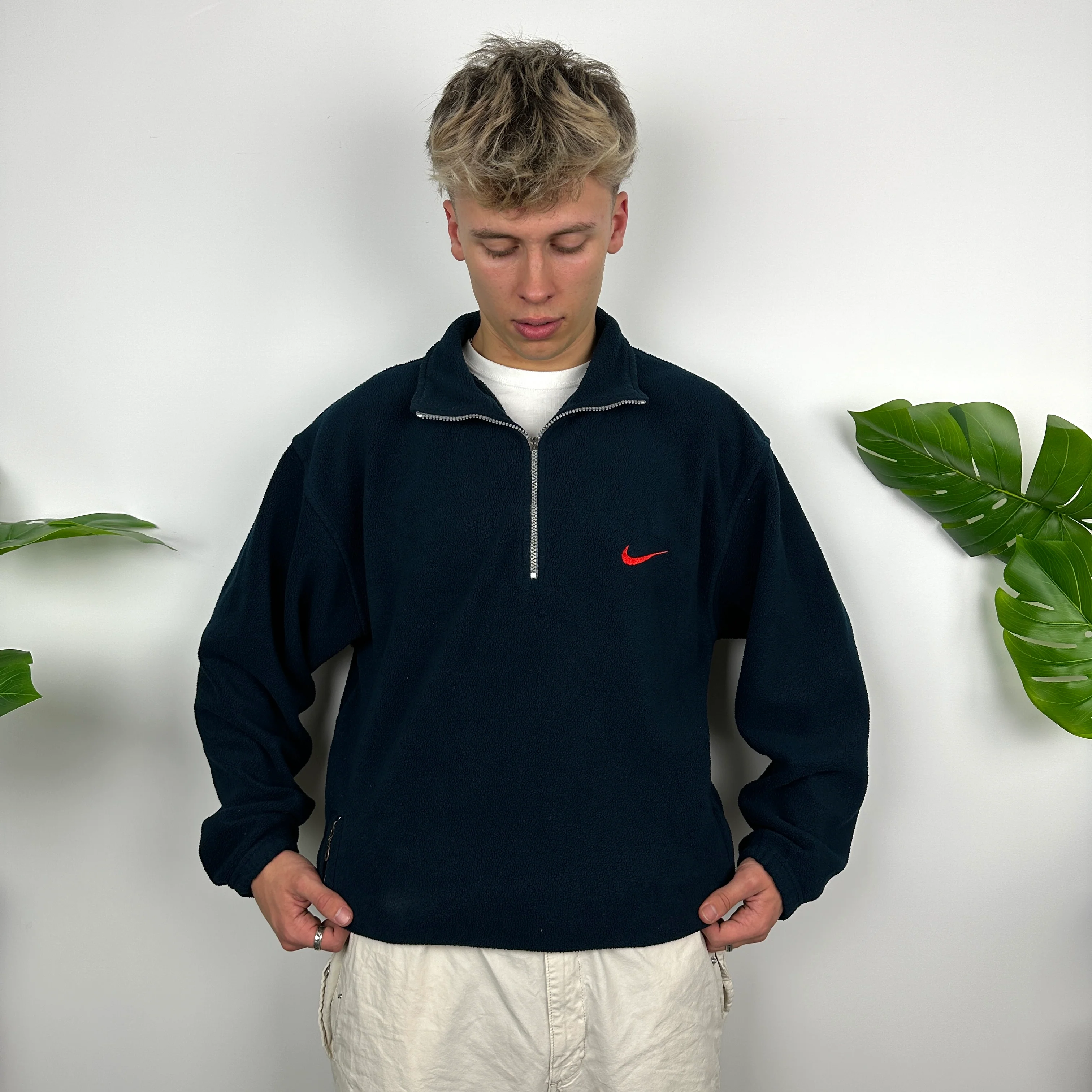 Nike Navy Embroidered Spell Out Teddy Bear Fleece Quarter Zip Sweatshirt (L) - Image 8