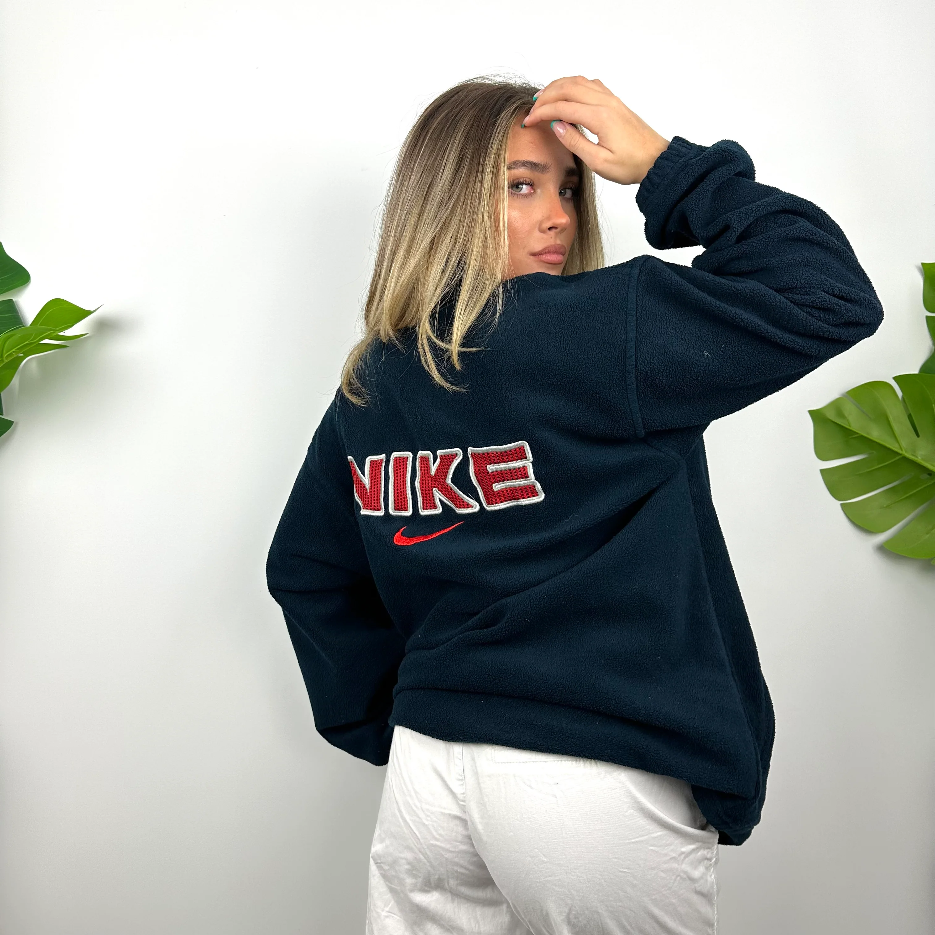 Nike Navy Embroidered Spell Out Teddy Bear Fleece Quarter Zip Sweatshirt (L) - Image 2