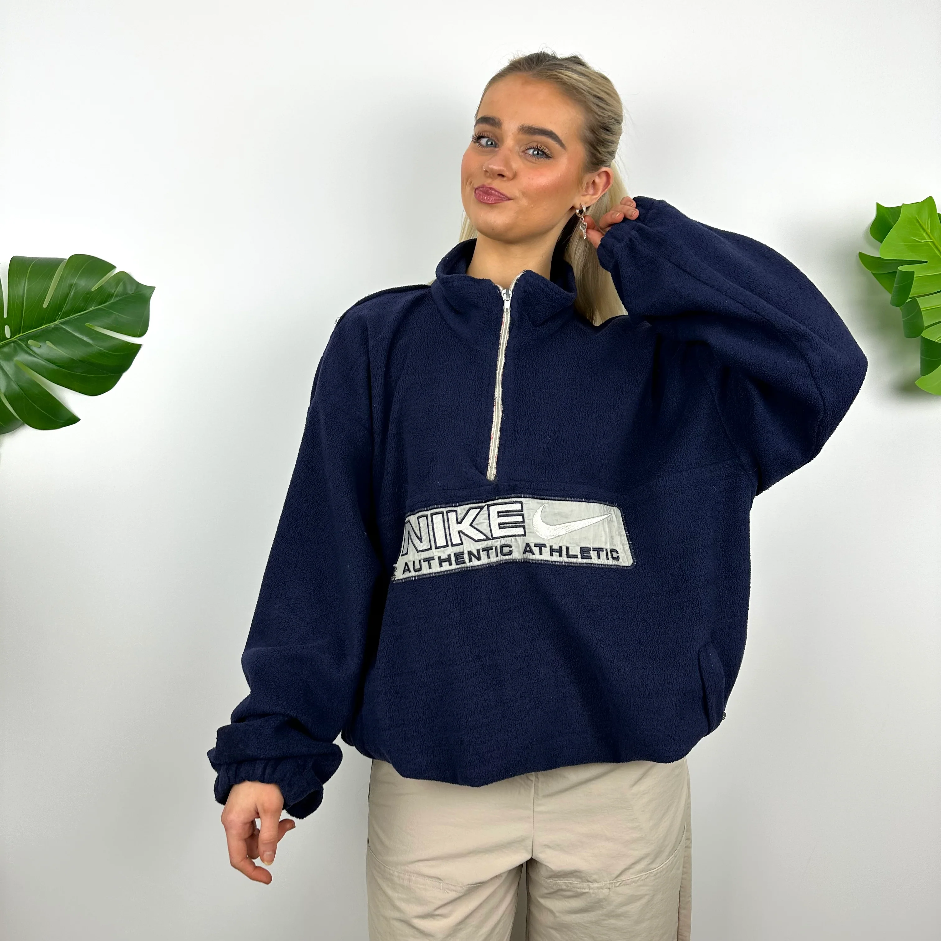 Nike Navy Embroidered Spell Out Teddy Bear Fleece Quarter Zip (XL) - Image 2
