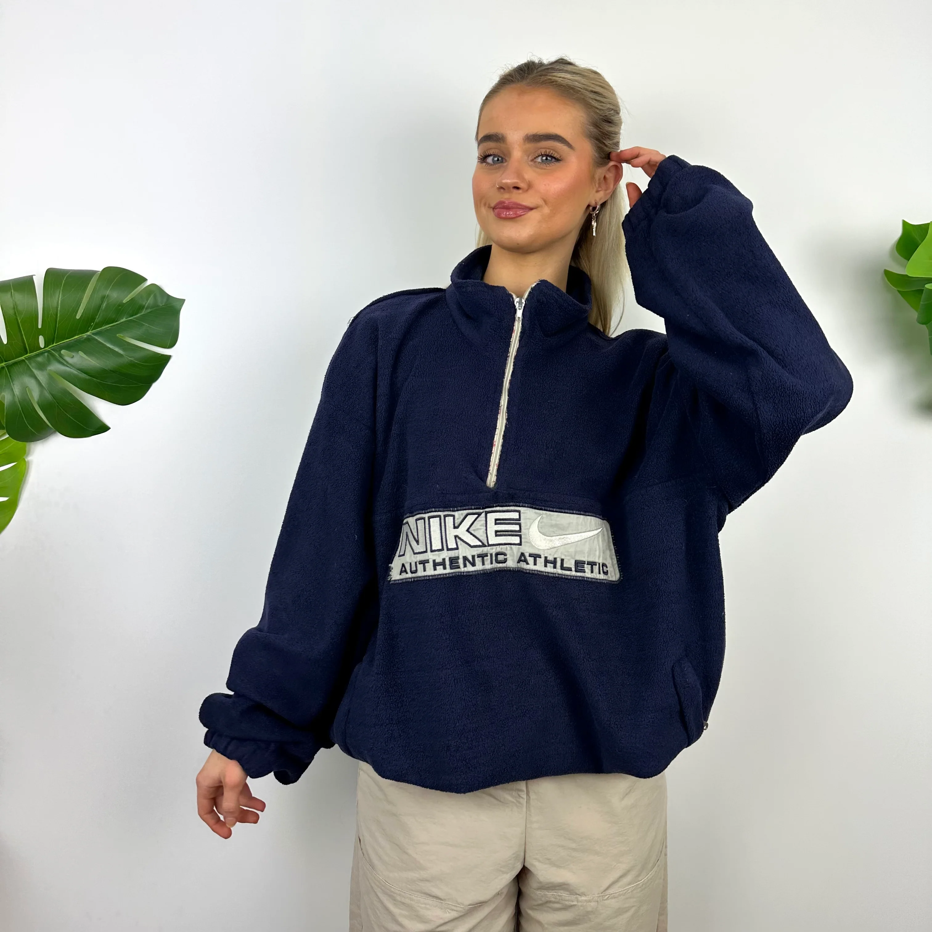 Nike Navy Embroidered Spell Out Teddy Bear Fleece Quarter Zip (XL) - Image 5