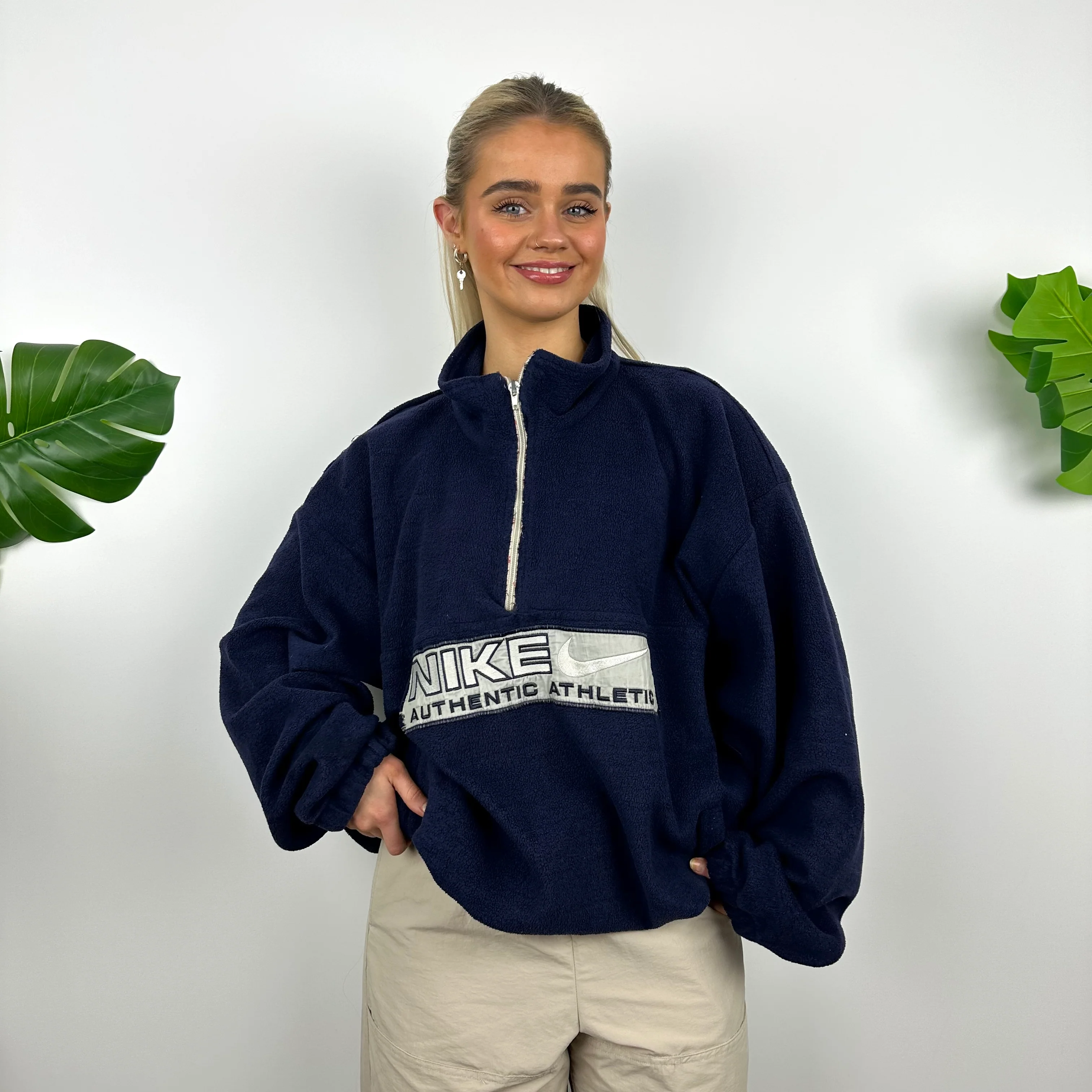 Nike Navy Embroidered Spell Out Teddy Bear Fleece Quarter Zip (XL) - Image 6