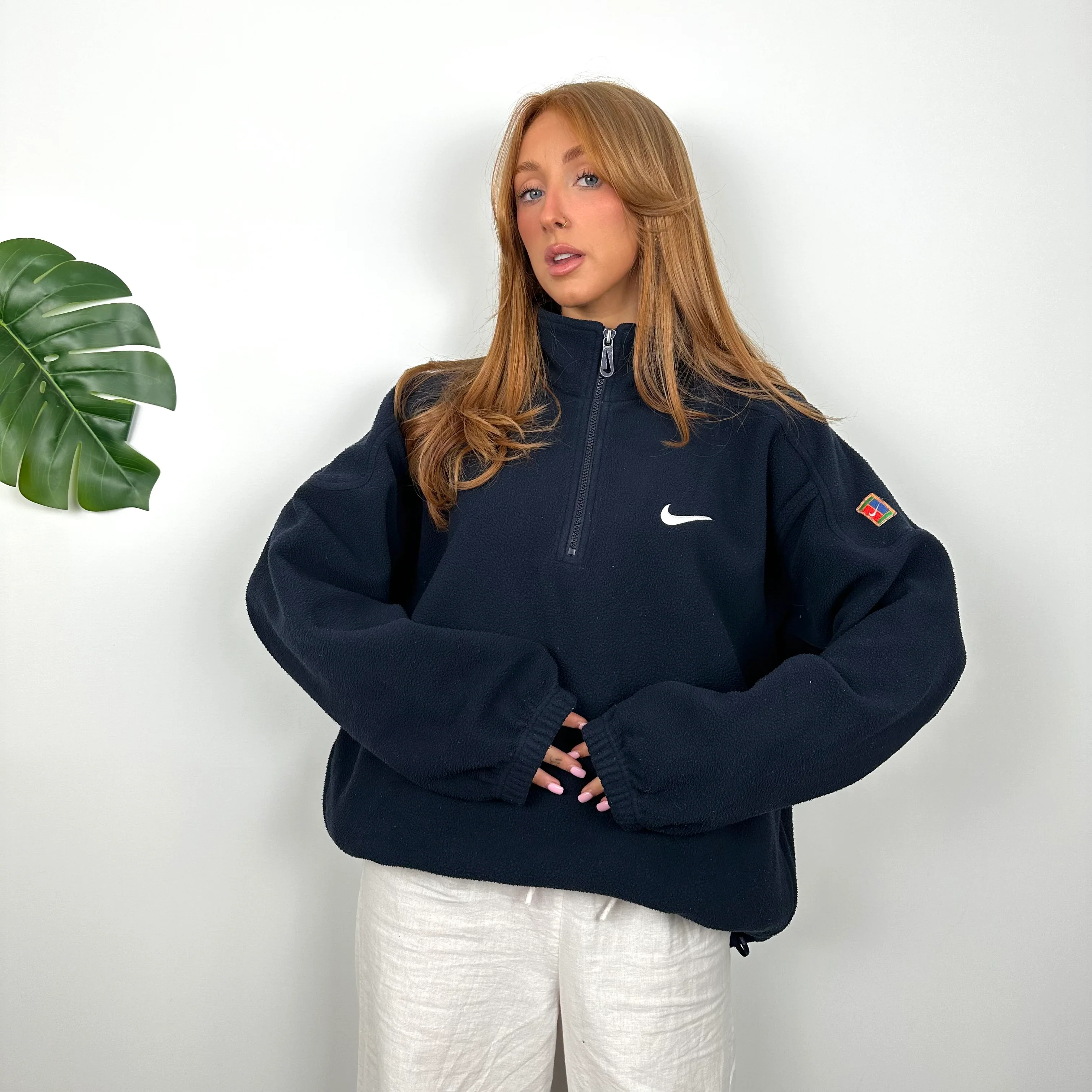 Nike Navy Embroidered Swoosh Teddy Bear Fleece Quarter Zip Sweatshirt (L) - Image 2