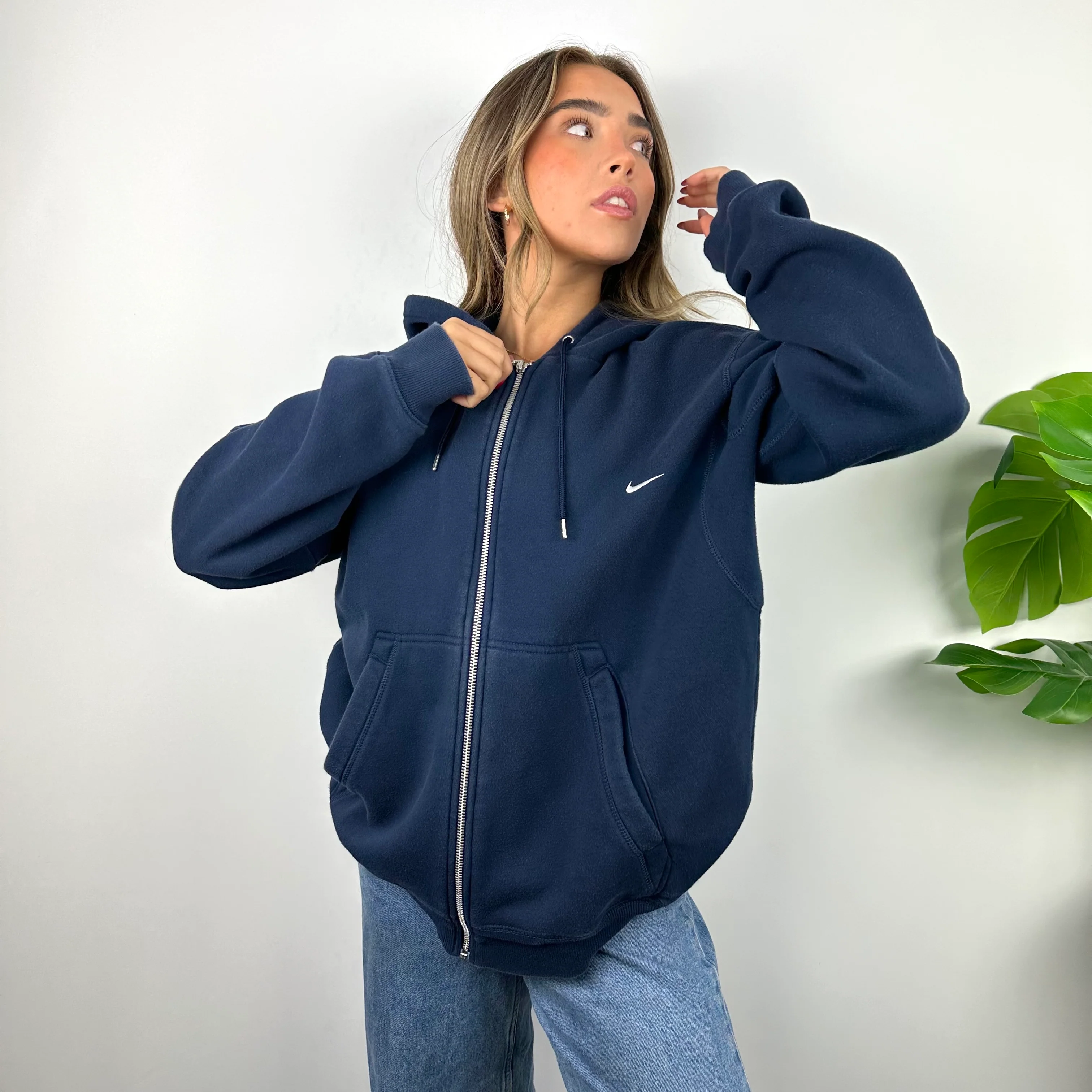 Nike Navy Embroidered Swoosh Zip Up Hoodie Jacket (L)