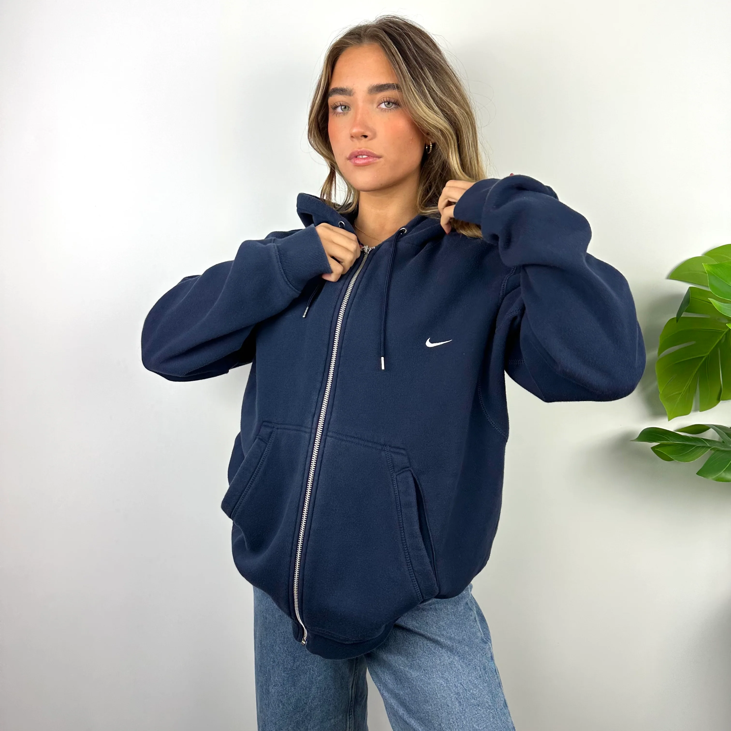 Nike Navy Embroidered Swoosh Zip Up Hoodie Jacket (L) - Image 2