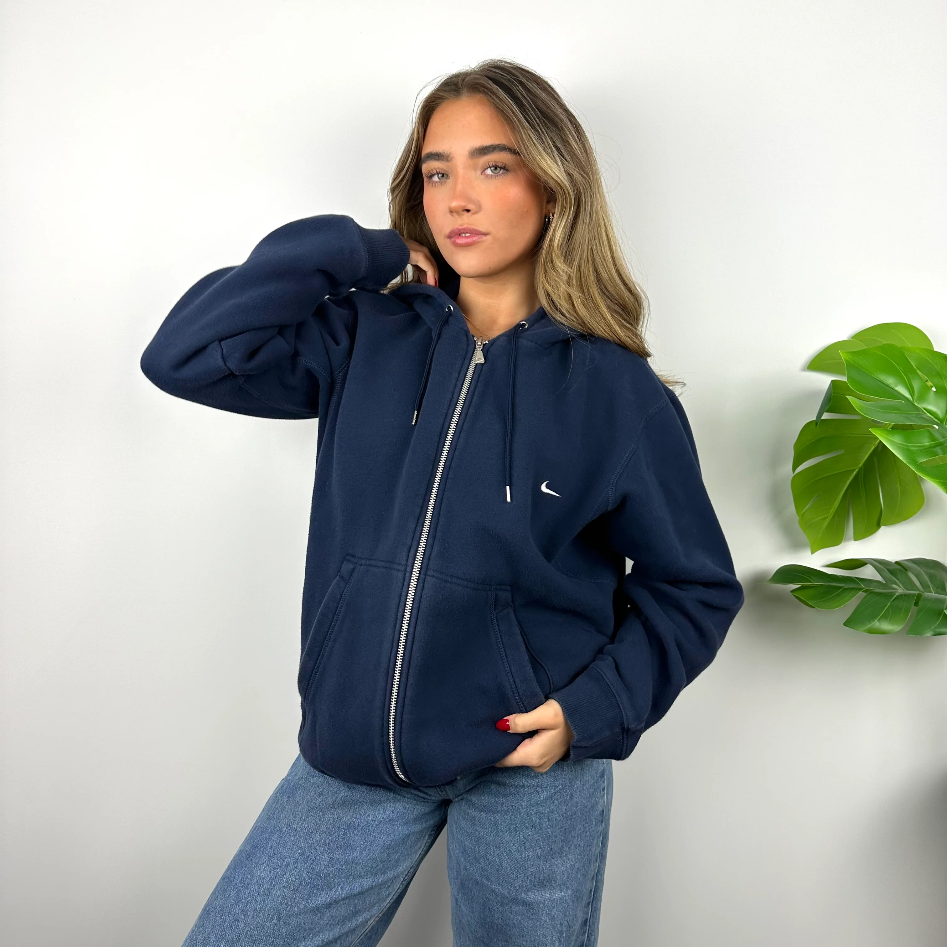 Nike Navy Embroidered Swoosh Zip Up Hoodie Jacket (L) - Image 3
