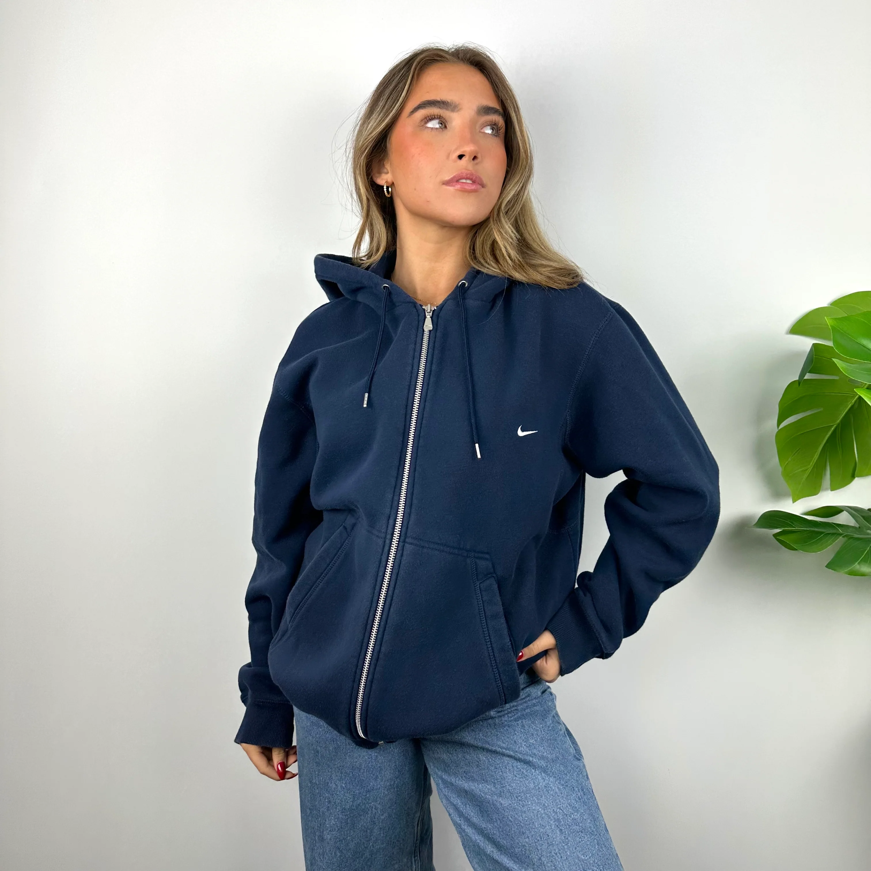 Nike Navy Embroidered Swoosh Zip Up Hoodie Jacket (L) - Image 6