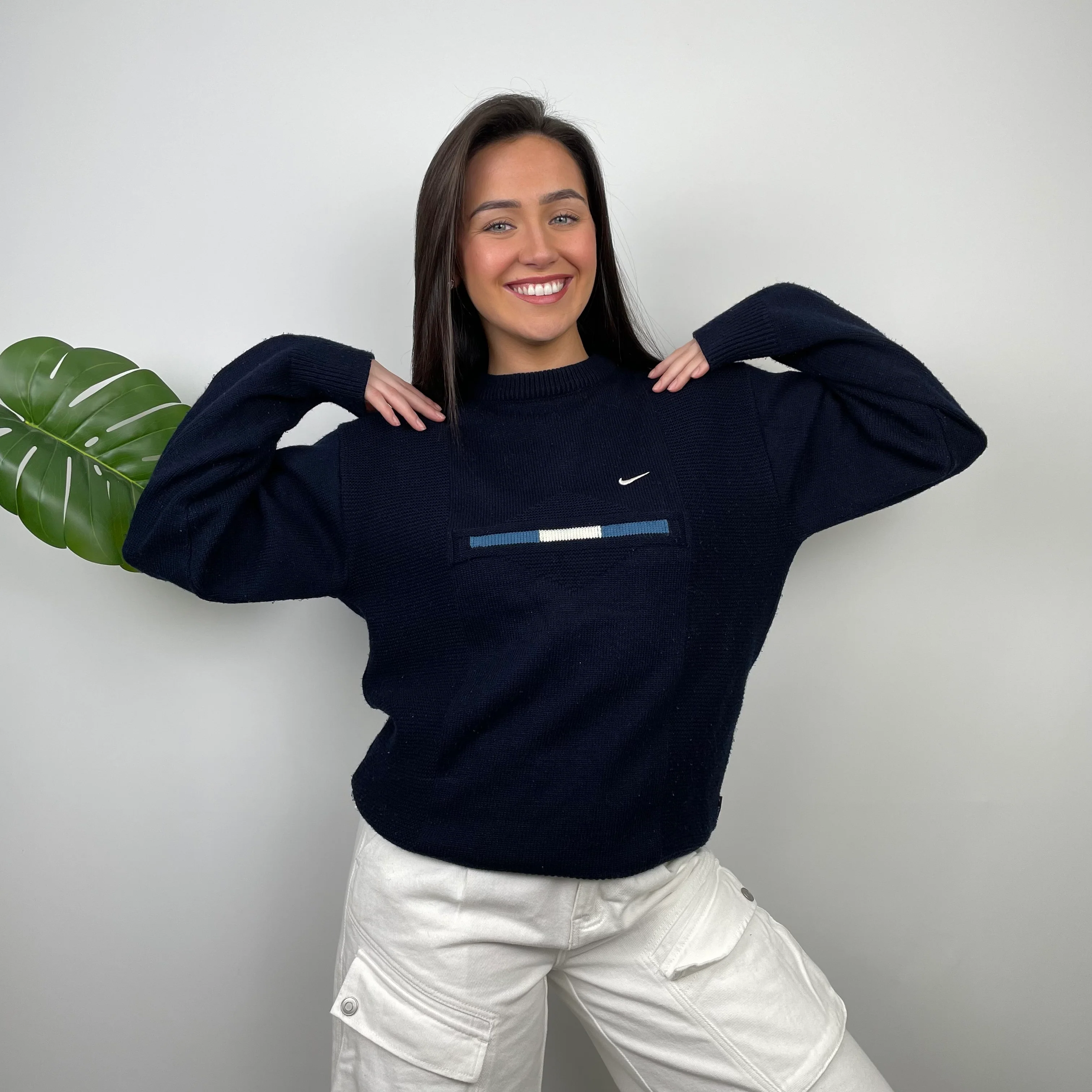 Nike Navy Knitted Embroidered Swoosh Sweater (M) - Image 3