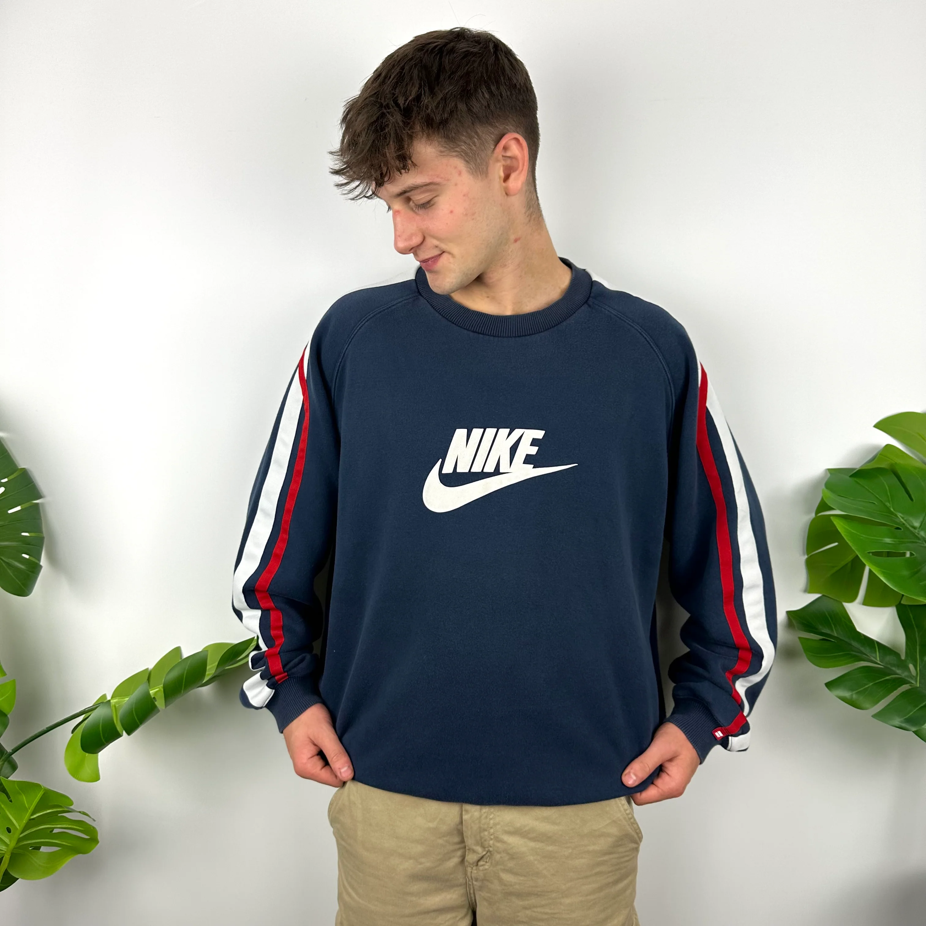Nike Navy Embroidered Spell Out Sweatshirt (XL) - Image 6