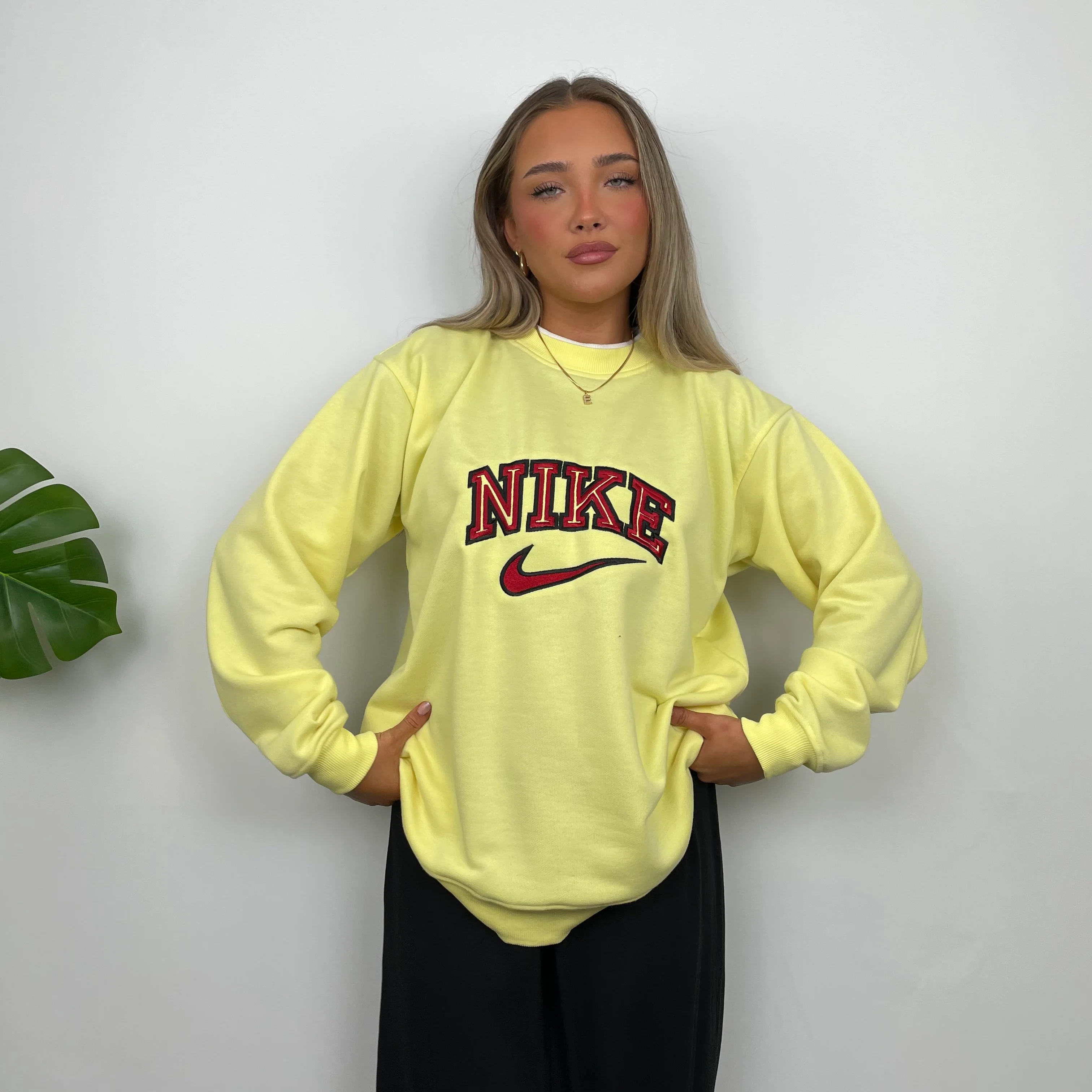 Nike Pastel Yellow Embroidered Spell Out Sweatshirt (L) - Image 3