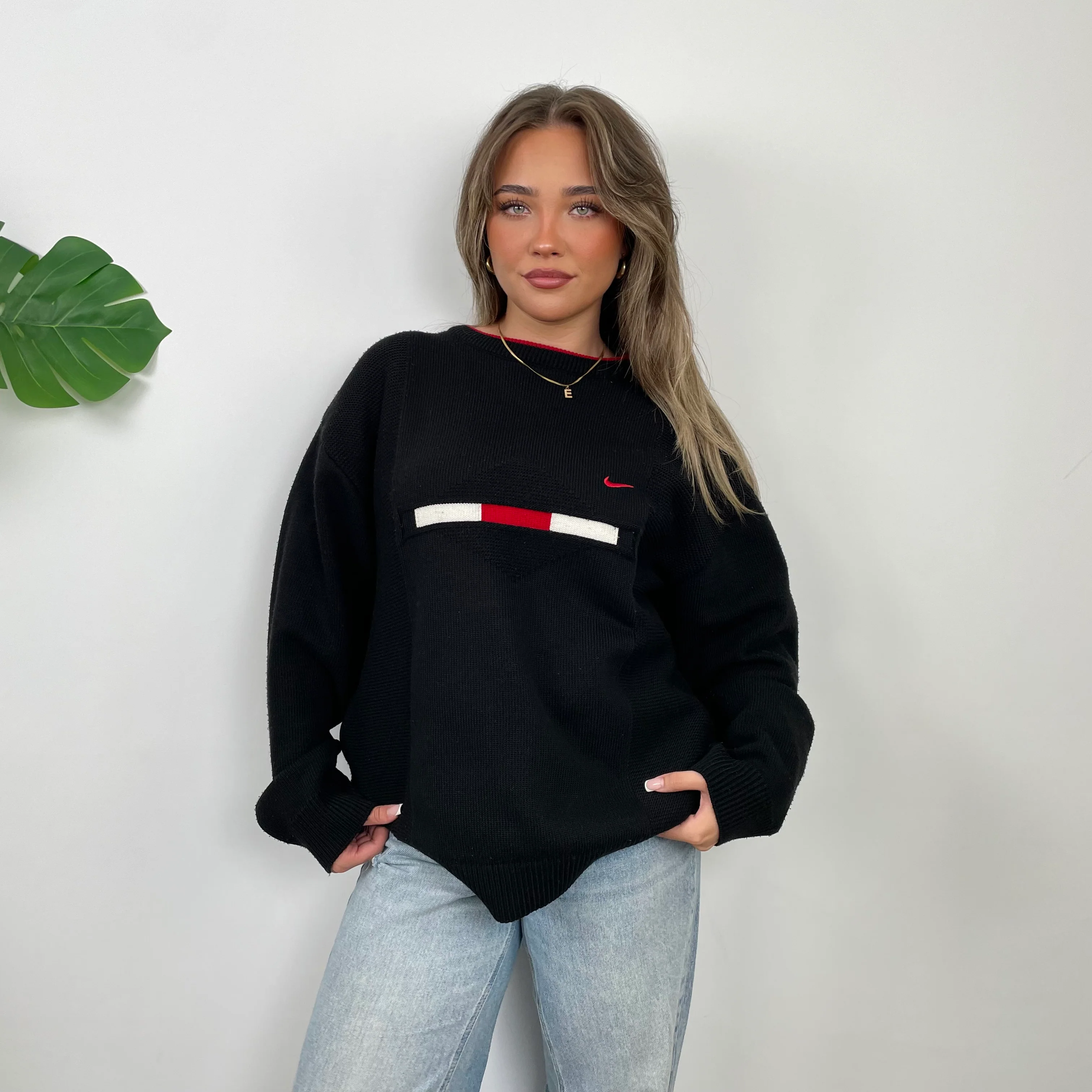 Nike RARE Black Embroidered Swoosh Knitted Sweater (L)