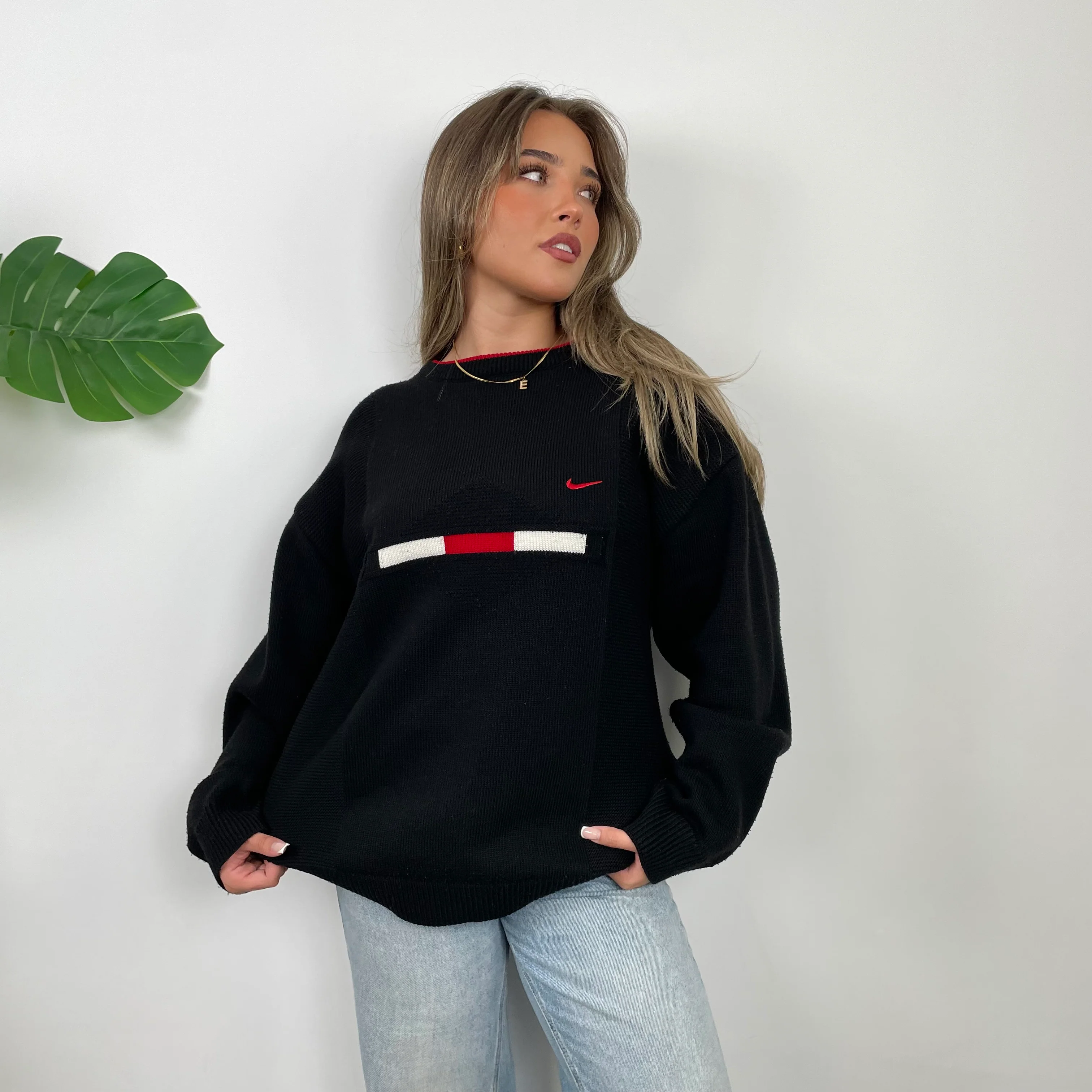 Nike RARE Black Embroidered Swoosh Knitted Sweater (L) - Image 2