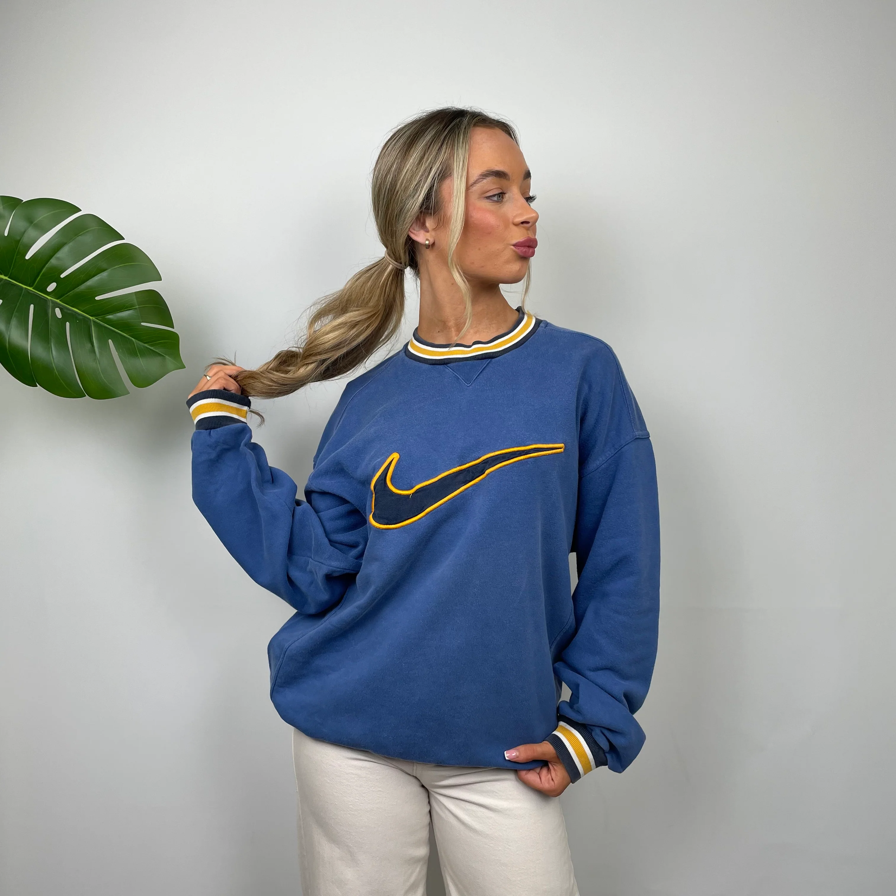 Nike RARE Blue Embroidered Swoosh Sweatshirt (M) - Image 5