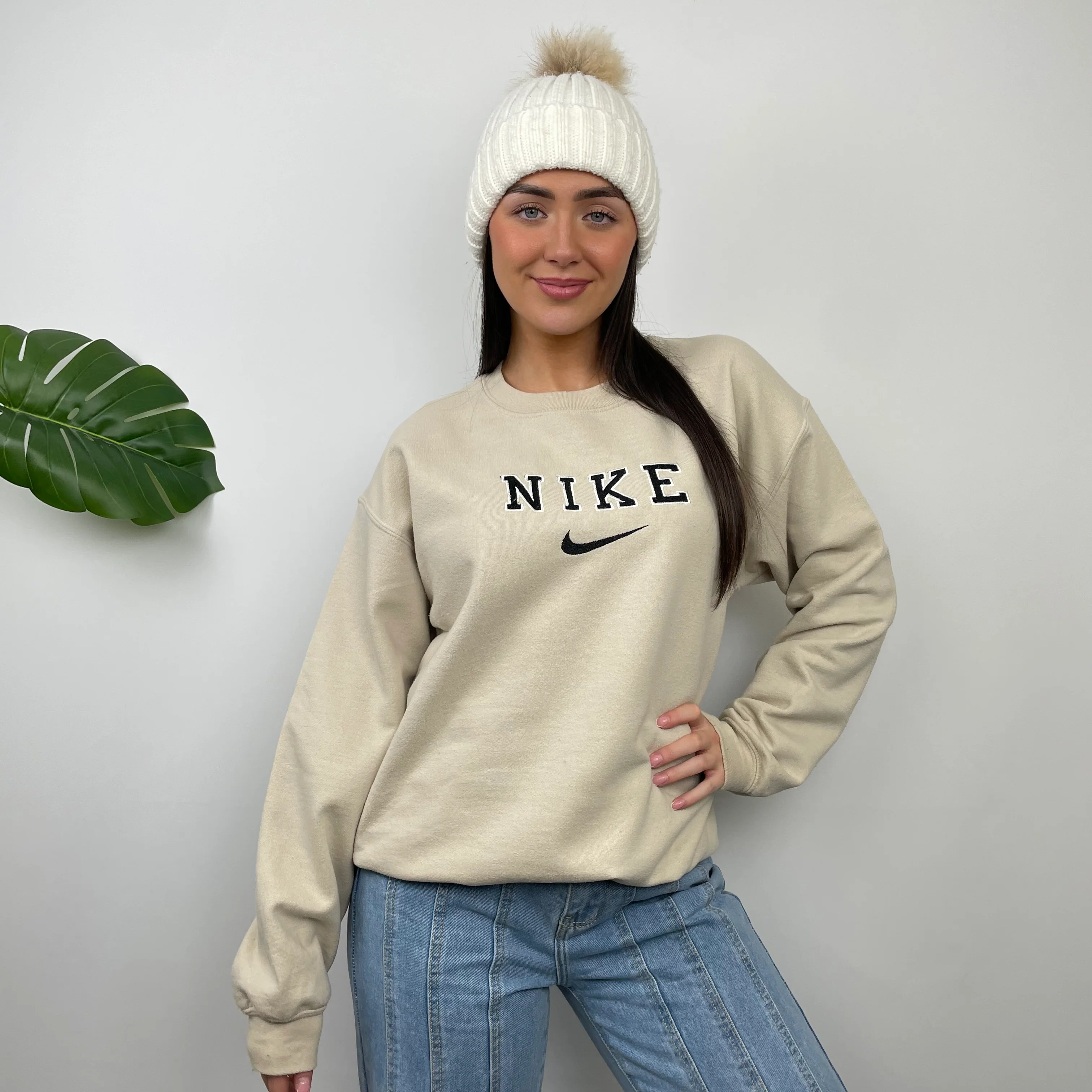 Nike RARE Cream Embroidered Spell Out Sweatshirt (M) - Image 3