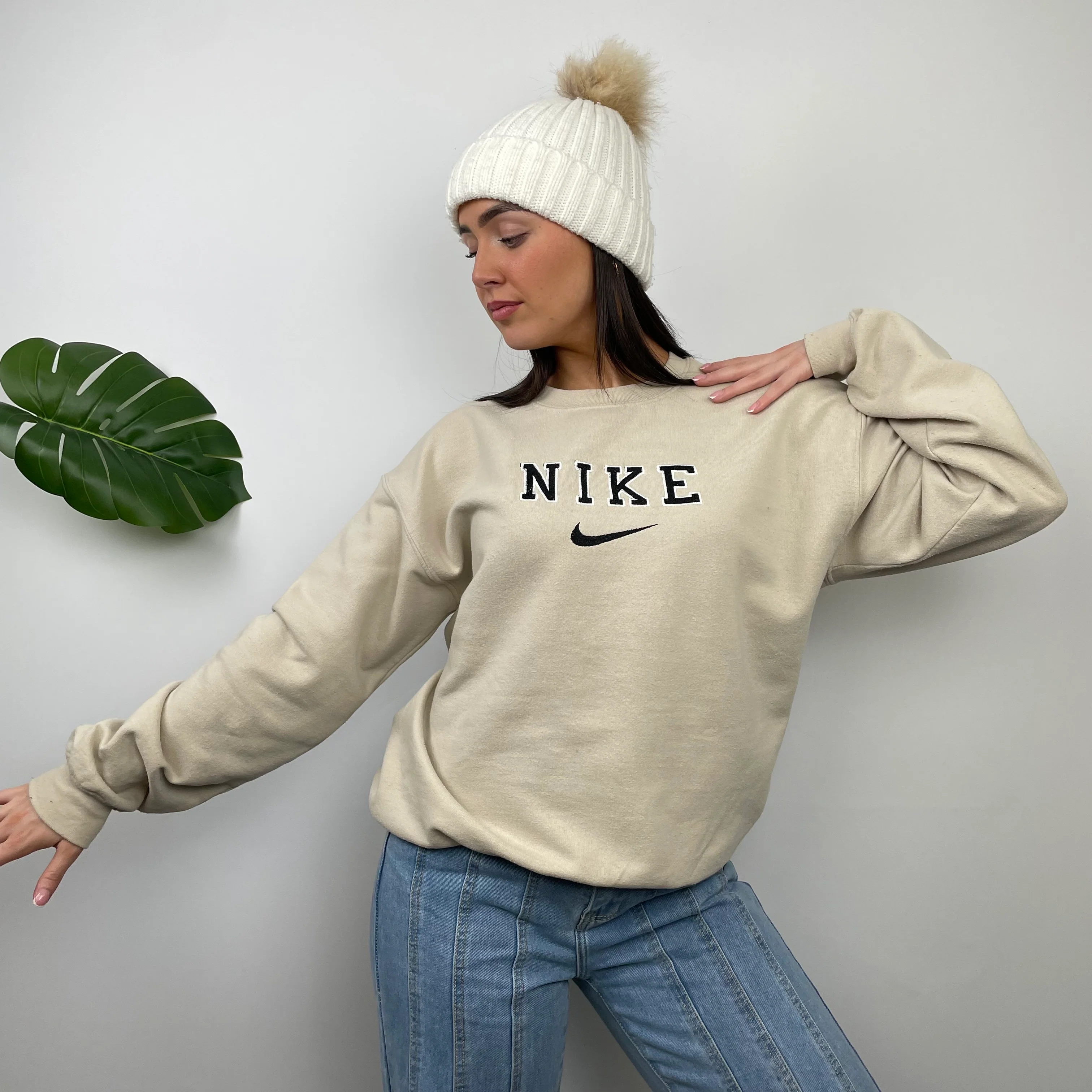 Nike RARE Cream Embroidered Spell Out Sweatshirt (M) - Image 6
