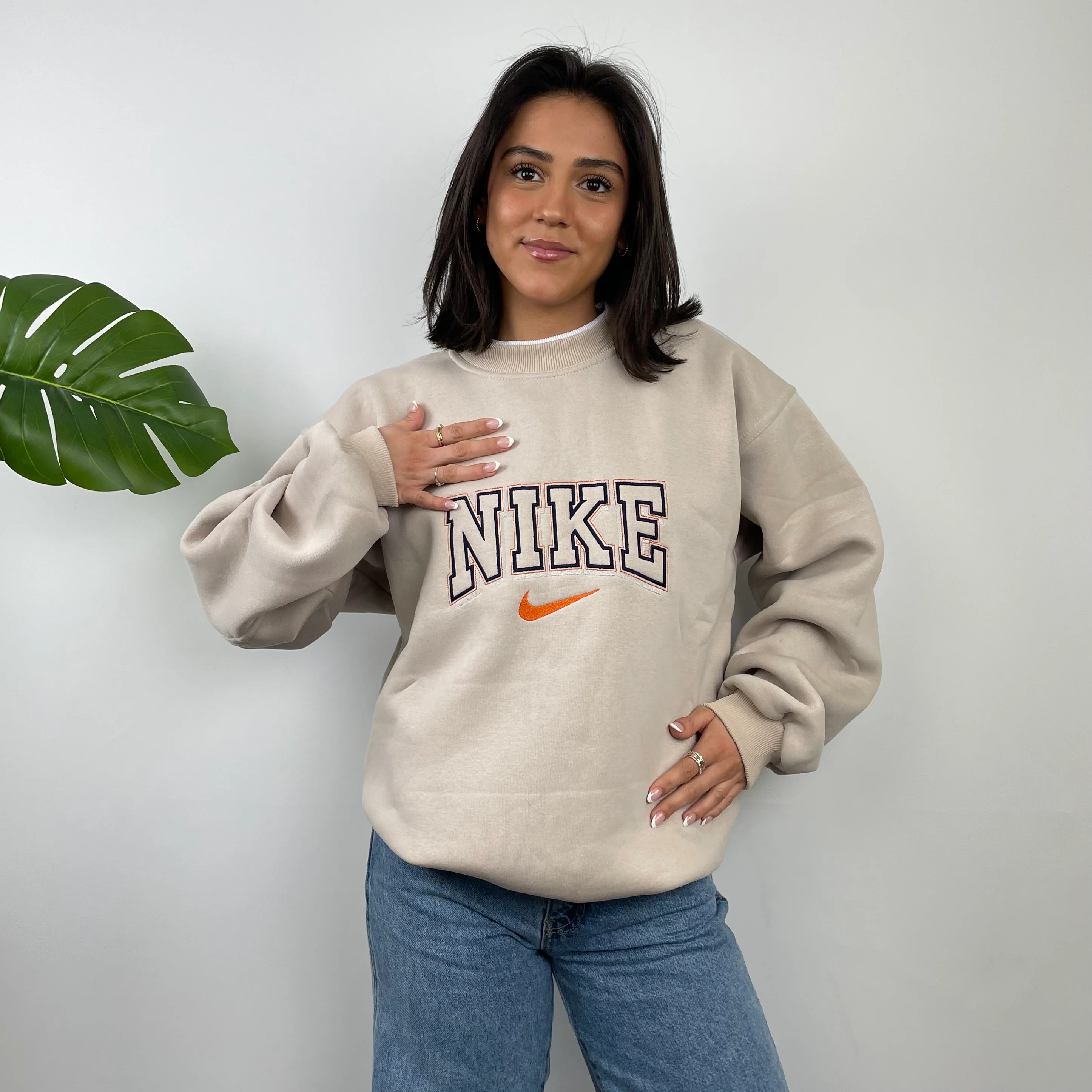 Nike RARE Cream Embroidered Spell Out Sweatshirt (L) - Image 3