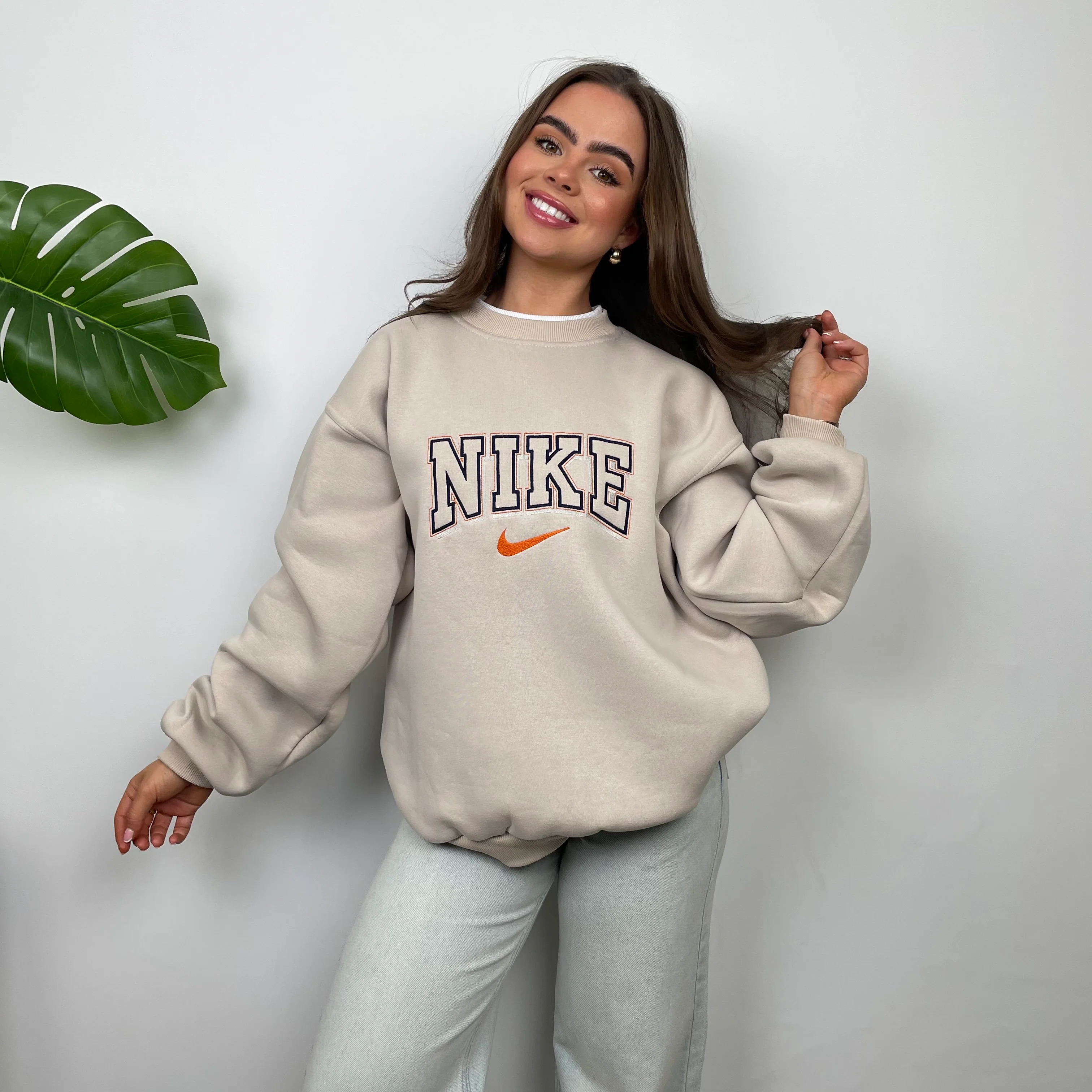 Nike RARE Cream Embroidered Spell Out Sweatshirt (L) - Image 5
