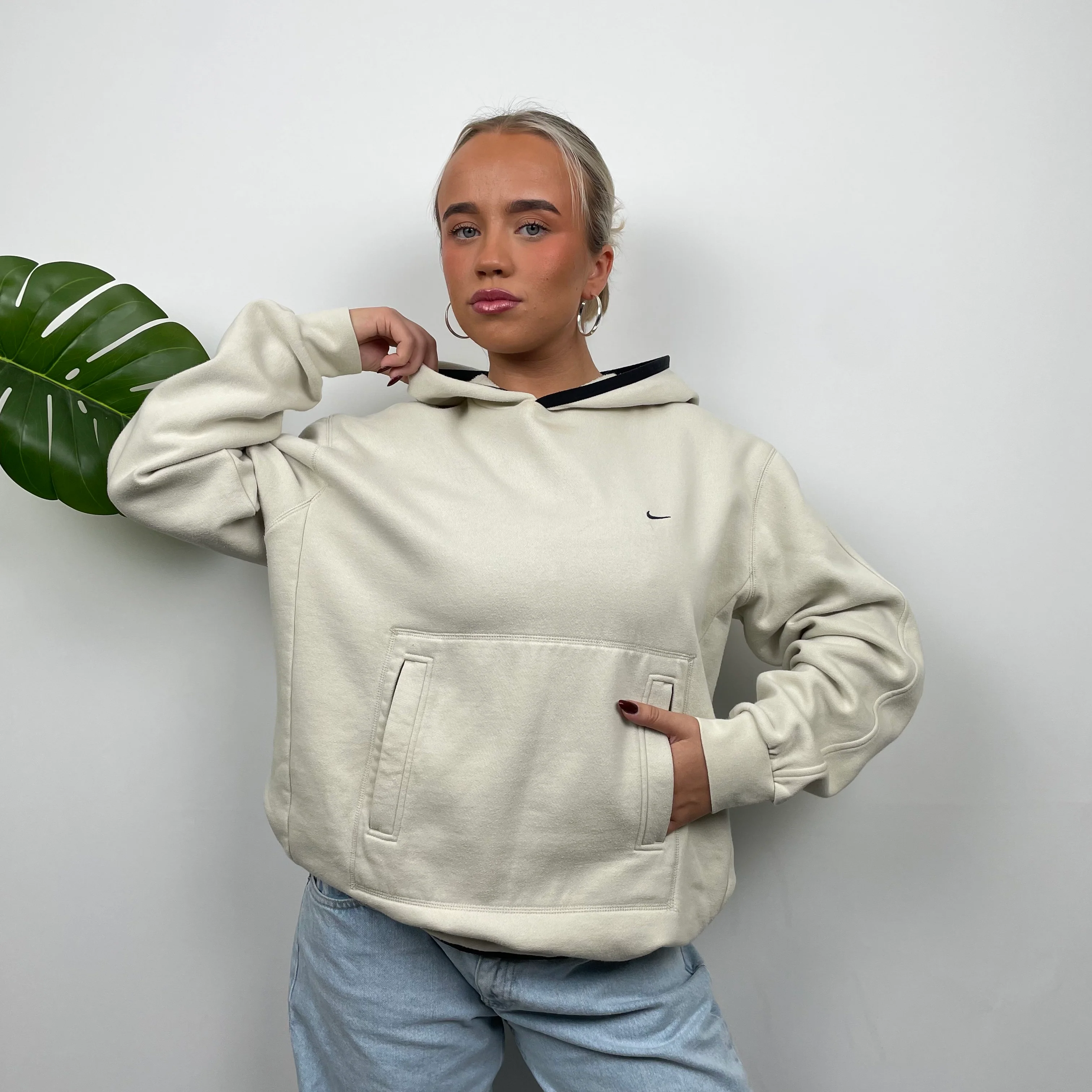 Nike RARE Cream Embroidered Swoosh Hoodie (XL) - Image 2