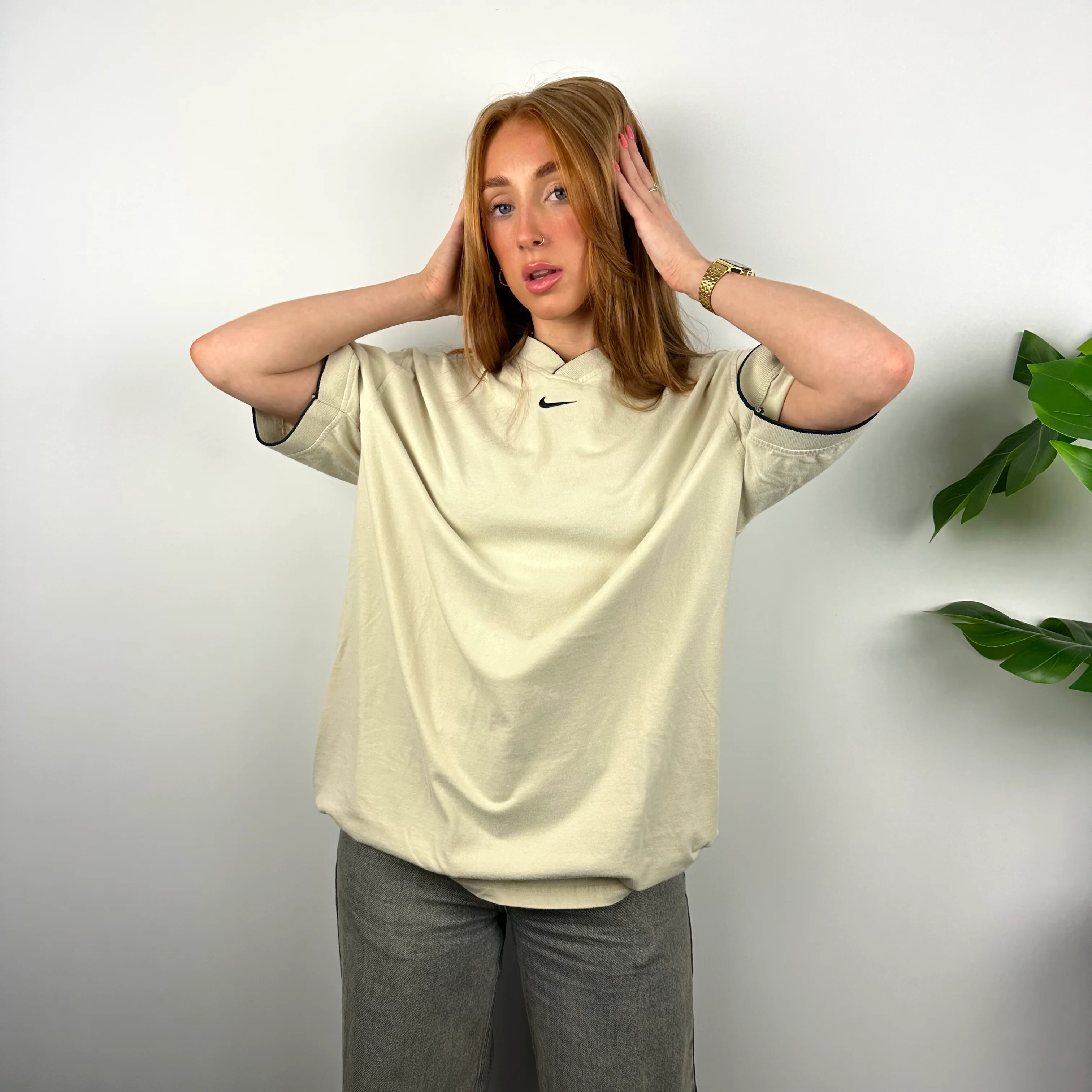Nike RARE Cream Embroidered Swoosh T Shirt (XL) - Image 3