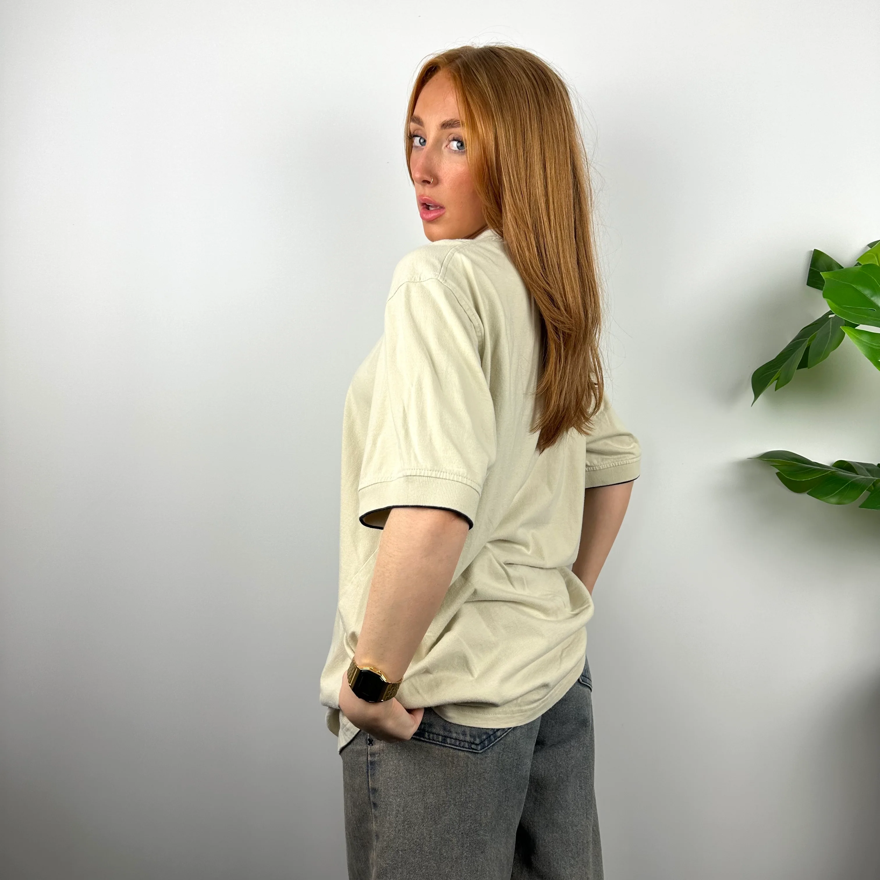 Nike RARE Cream Embroidered Swoosh T Shirt (XL) - Image 4