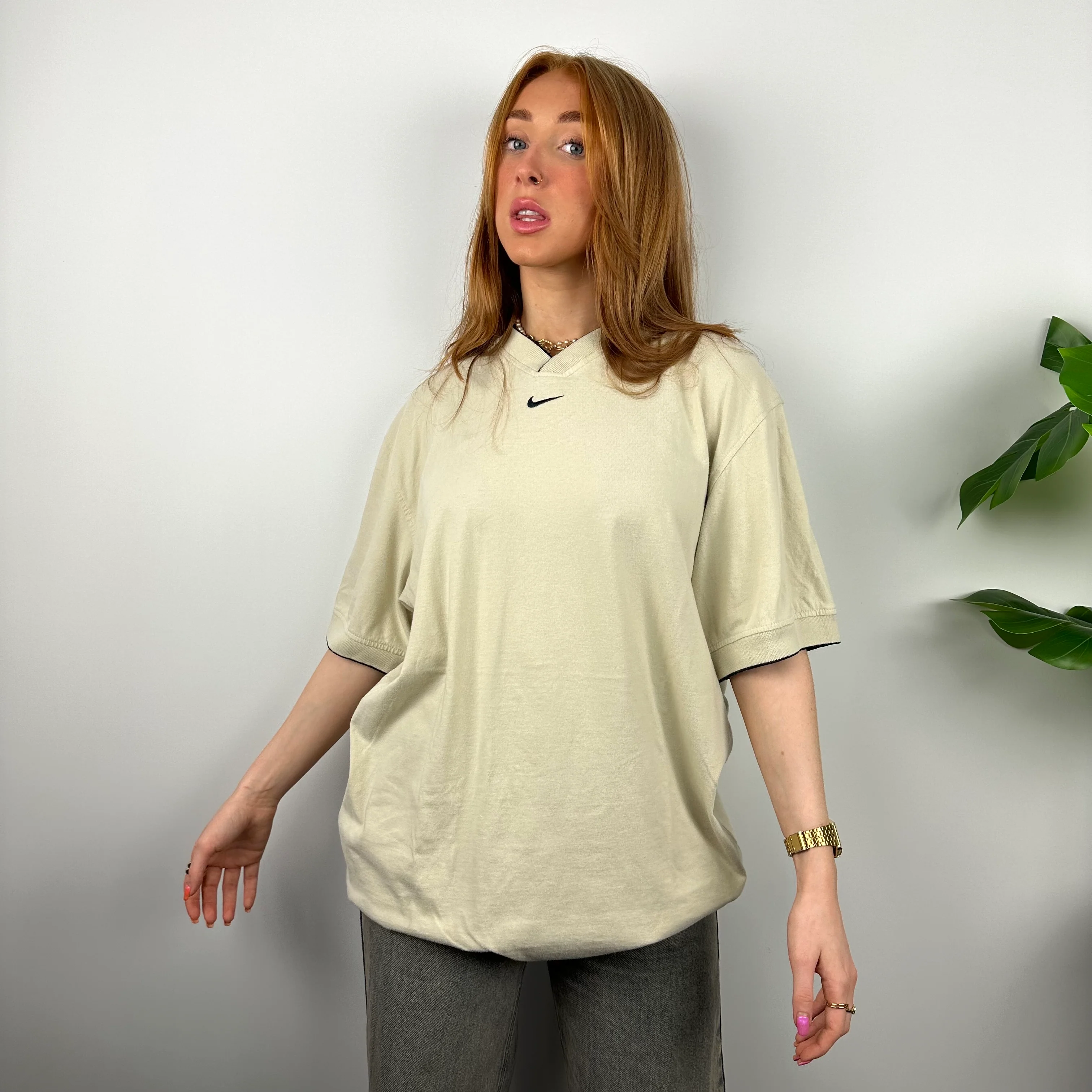 Nike RARE Cream Embroidered Swoosh T Shirt (XL) - Image 6