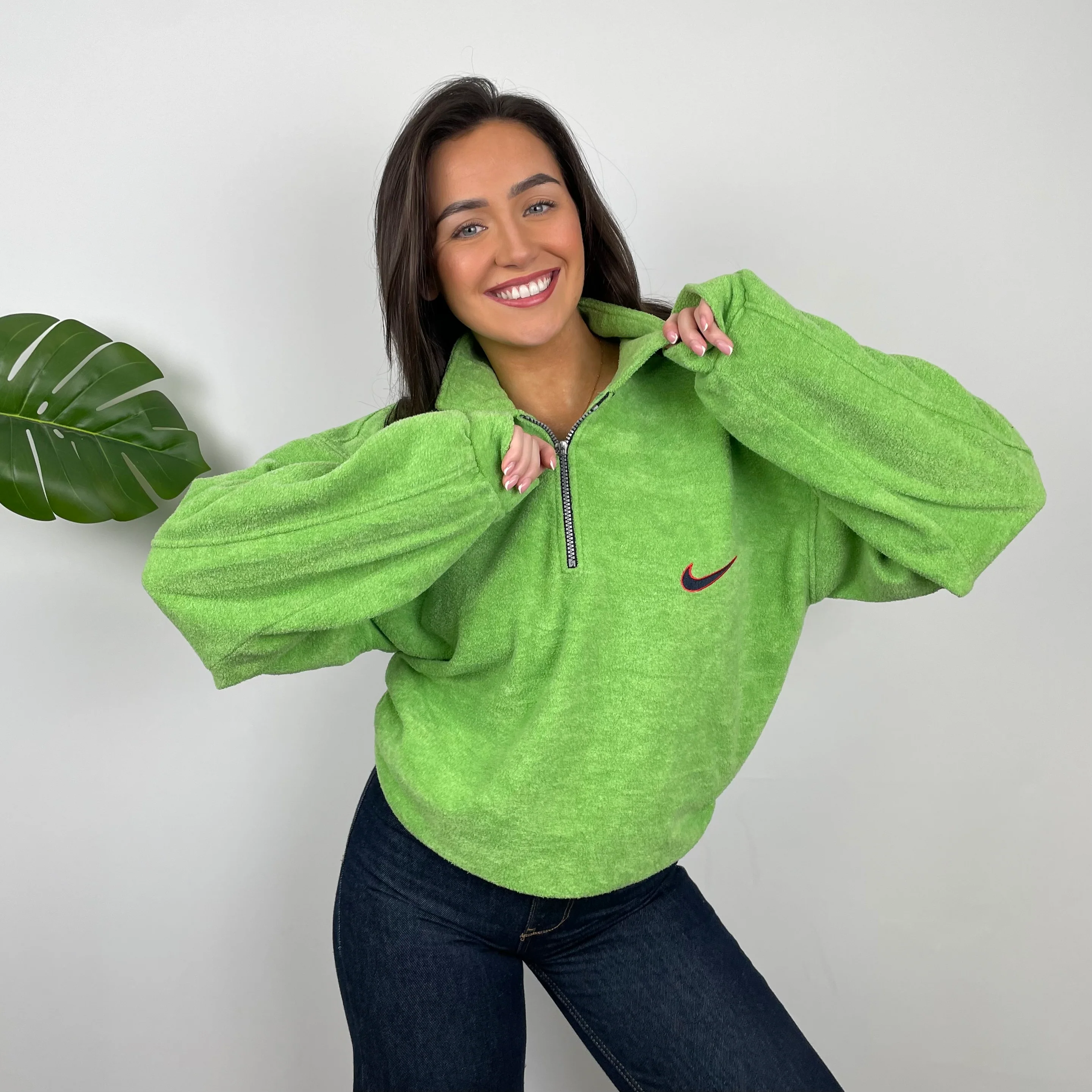 Nike RARE Green Embroidered Swoosh Teddy Bear Fleece Quarter Zip Sweatshirt (XL)