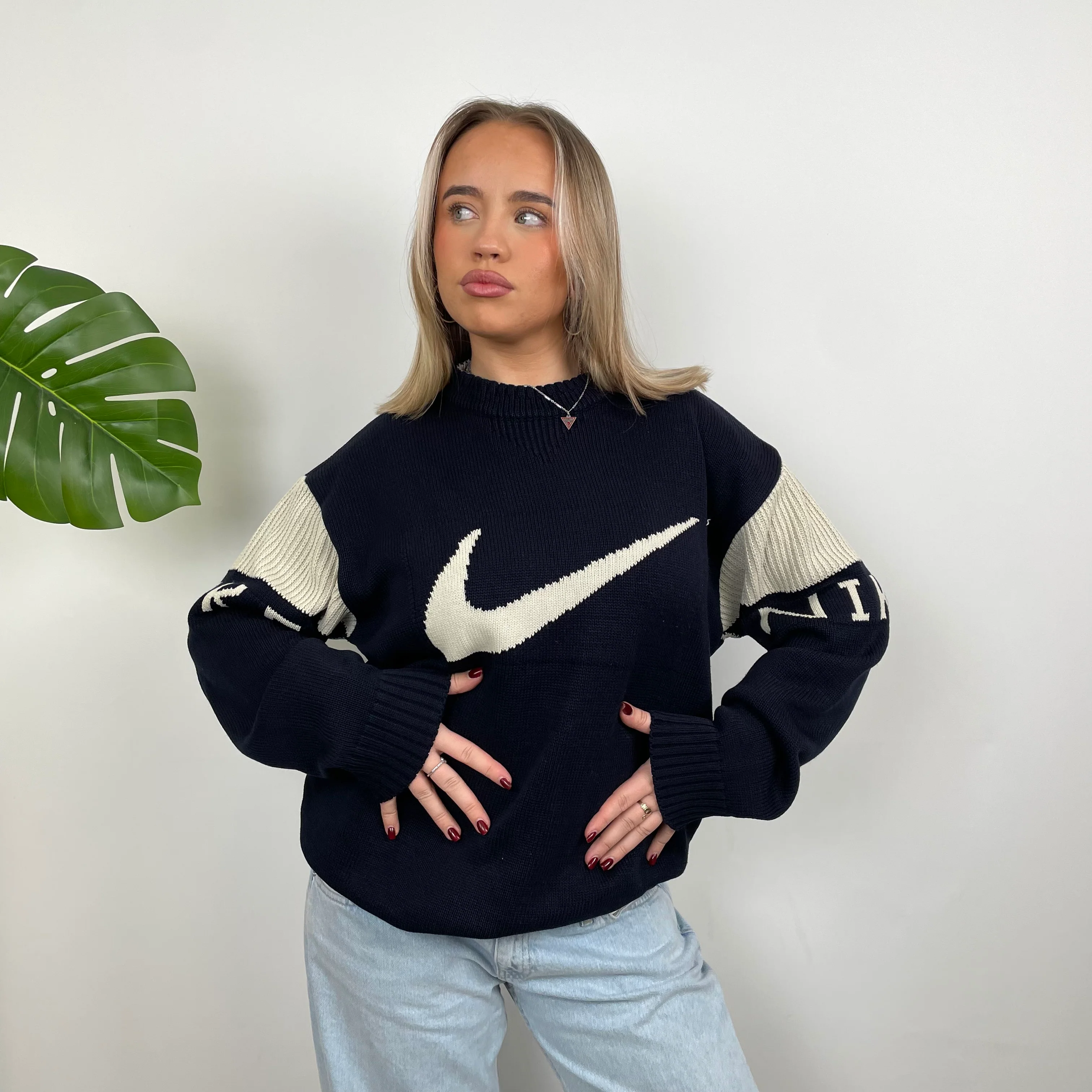 Nike RARE Navy  Embroidered Spell Out Knitted Sweater (L)