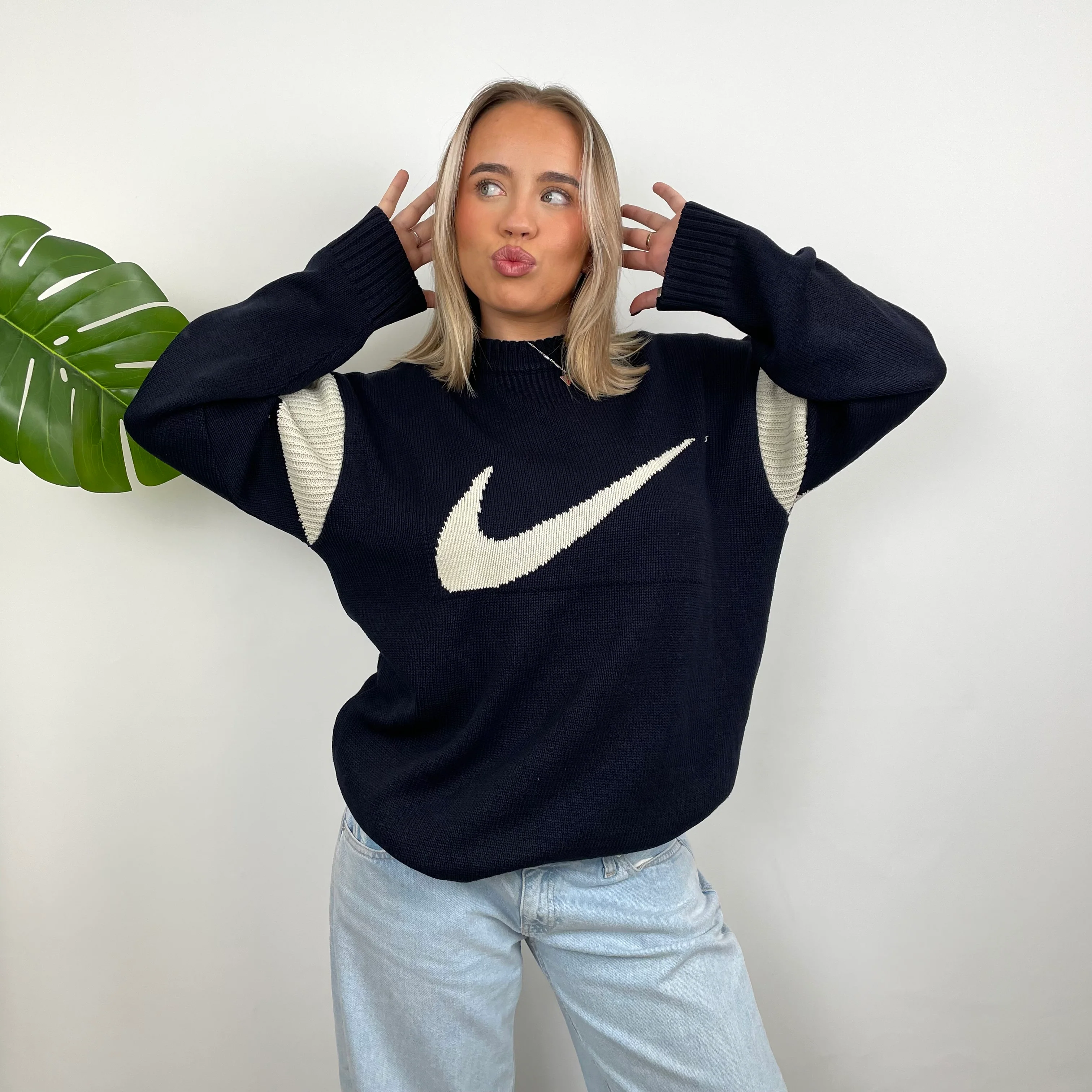 Nike RARE Navy  Embroidered Spell Out Knitted Sweater (L) - Image 2