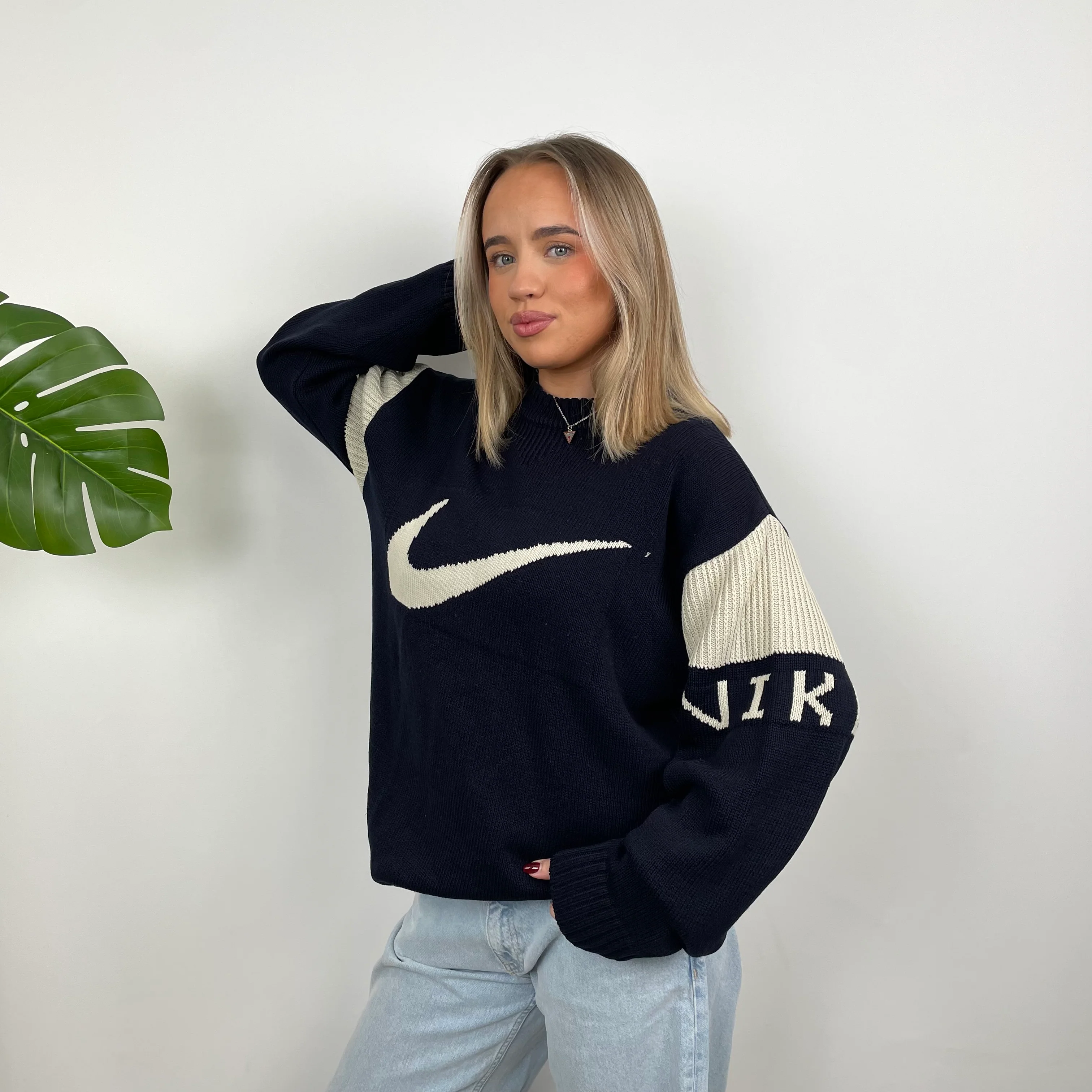 Nike RARE Navy  Embroidered Spell Out Knitted Sweater (L) - Image 4
