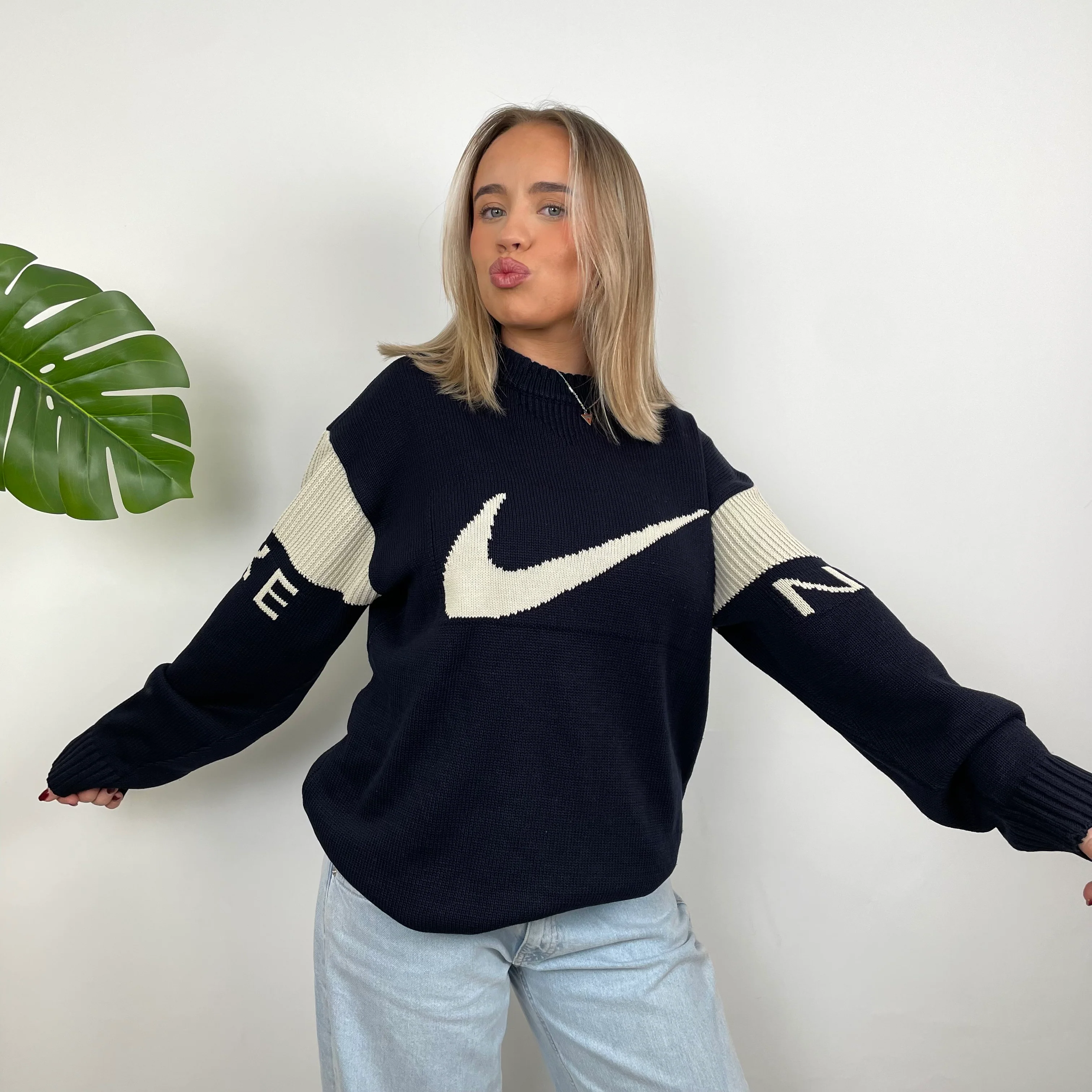 Nike RARE Navy  Embroidered Spell Out Knitted Sweater (L) - Image 5