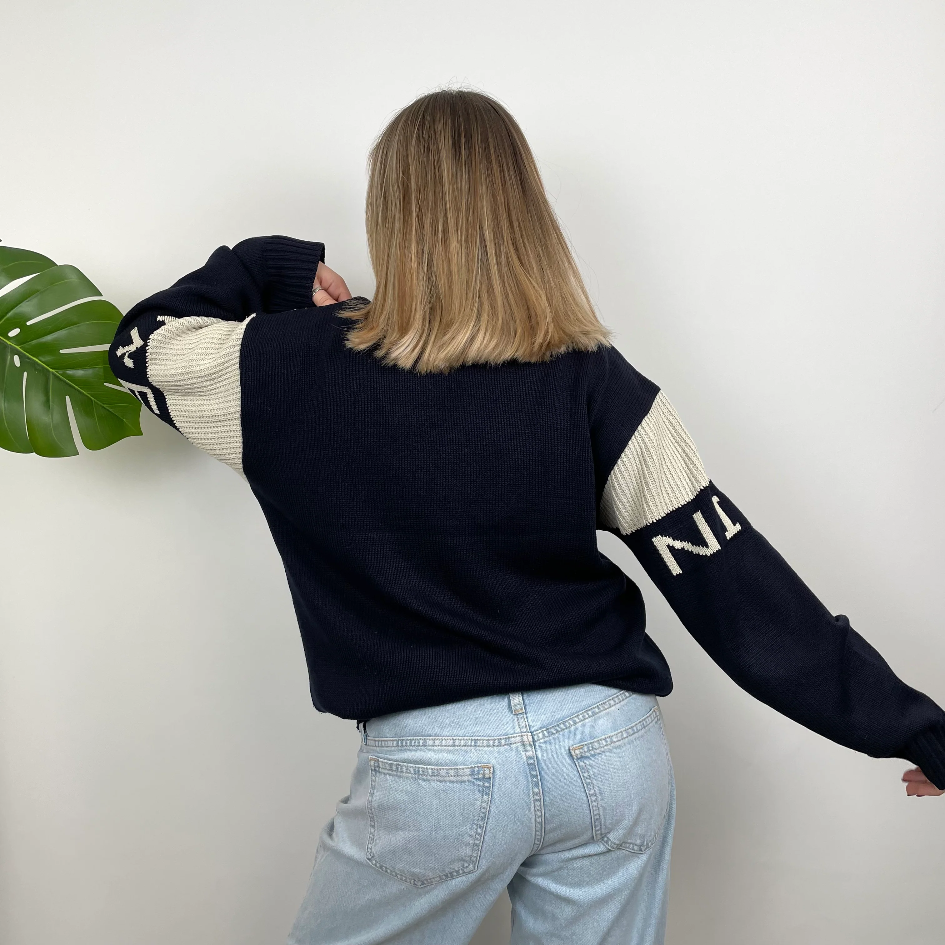 Nike RARE Navy  Embroidered Spell Out Knitted Sweater (L) - Image 6