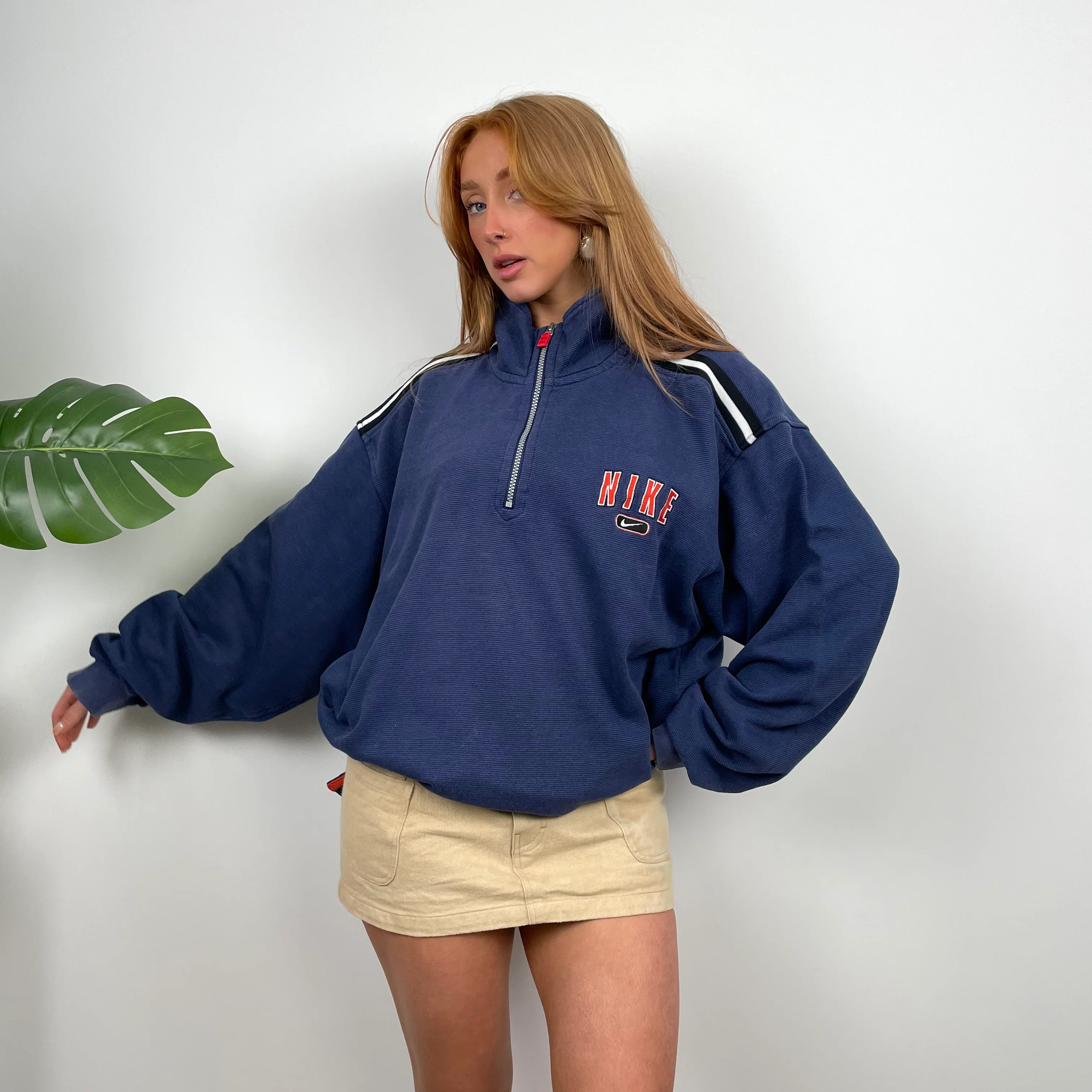 Nike RARE Navy Embroidered Spell Out Quarter Zip Sweatshirt (L) - Image 2