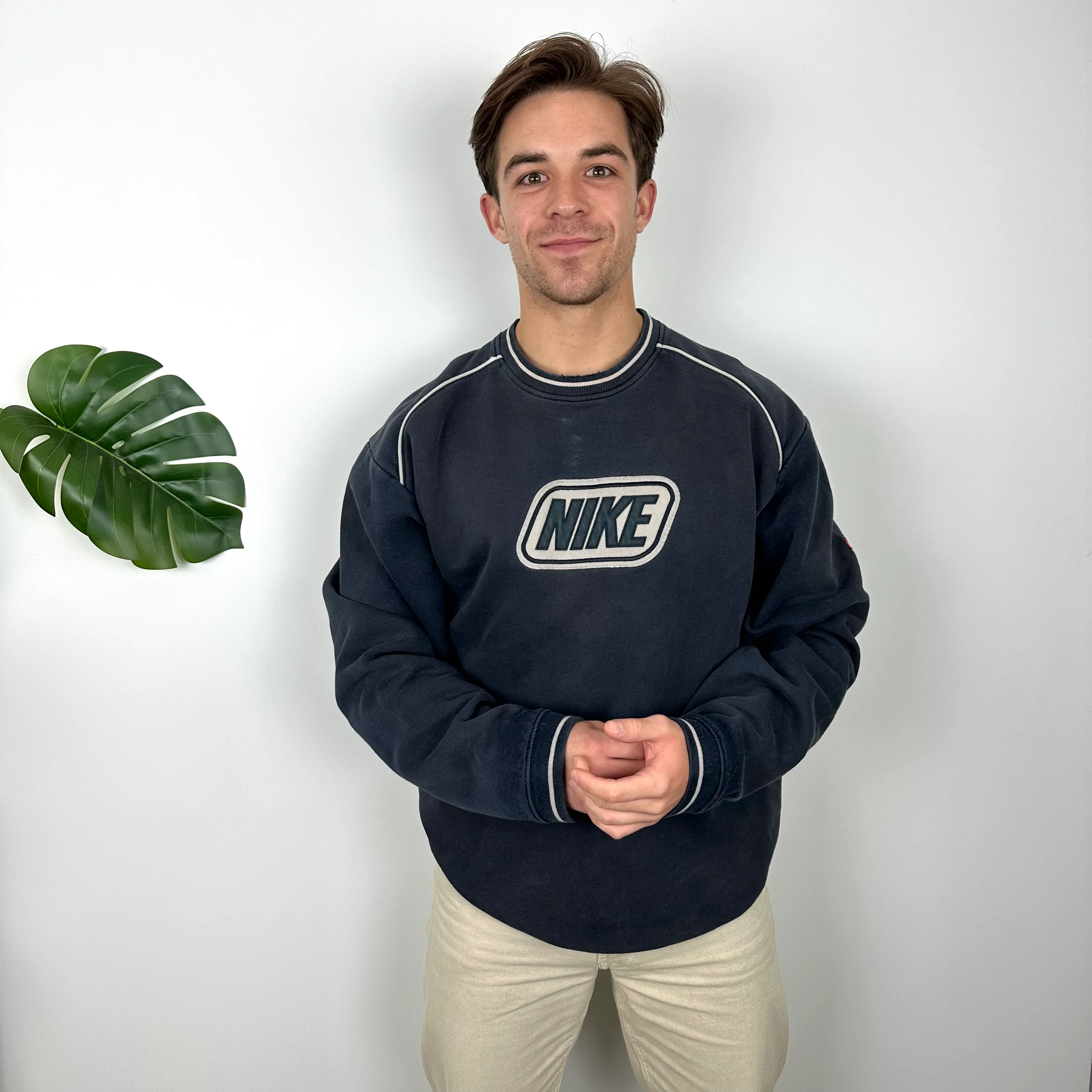 Nike RARE Navy Embroidered Spell Out Sweatshirt (XL) - Image 3