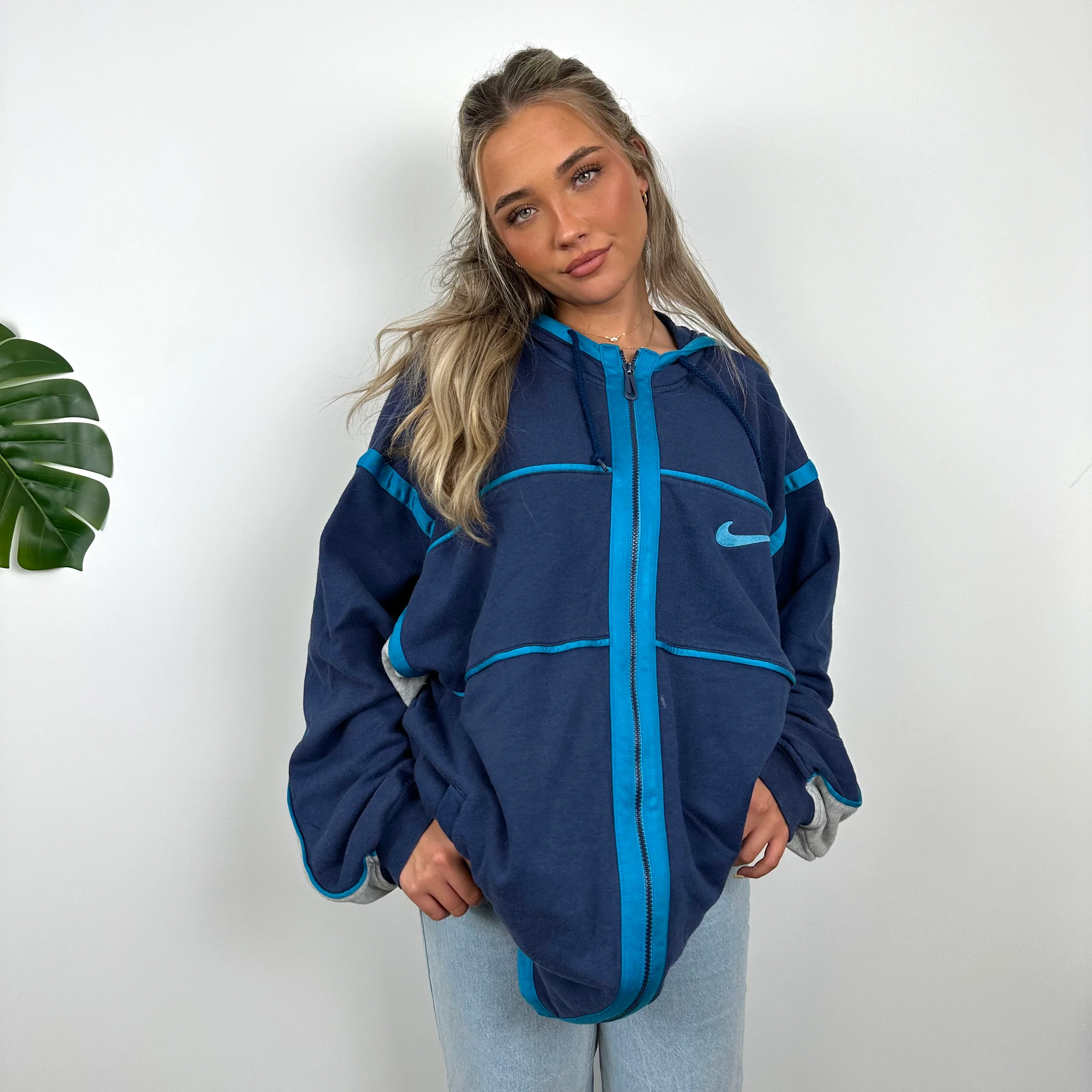 Nike RARE Navy Embroidered Spell Out Zip Up Hoodie Jacket (L) - Image 6