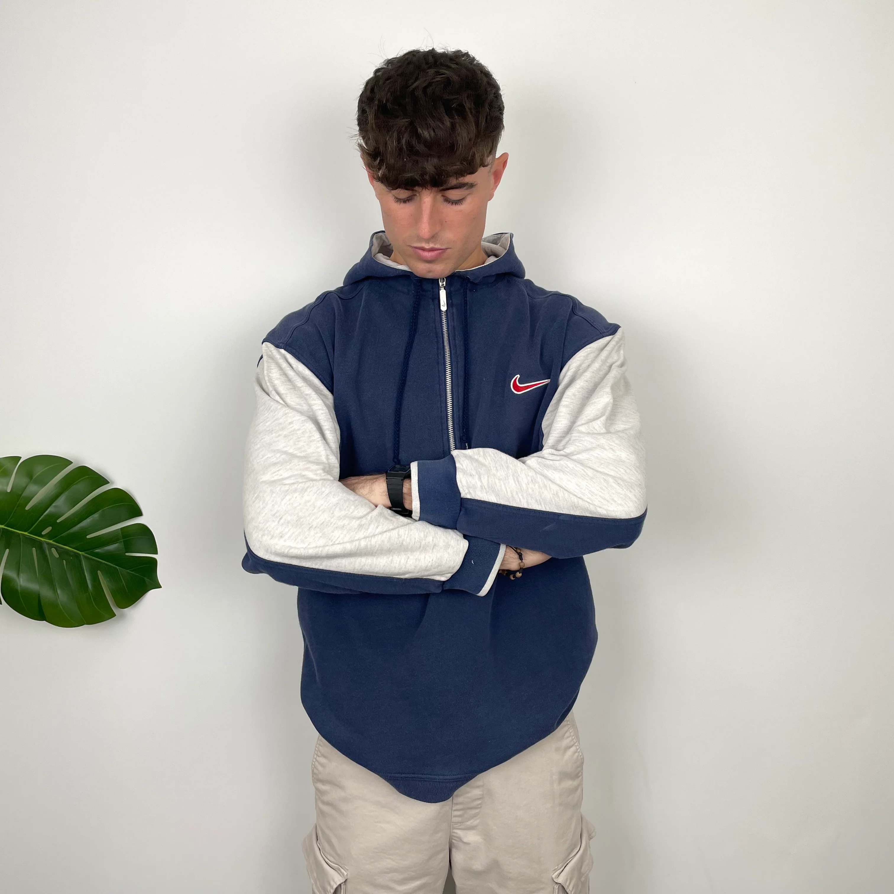 Nike RARE Navy Embroidered Swoosh Quarter Zip Hoodie (L) - Image 6