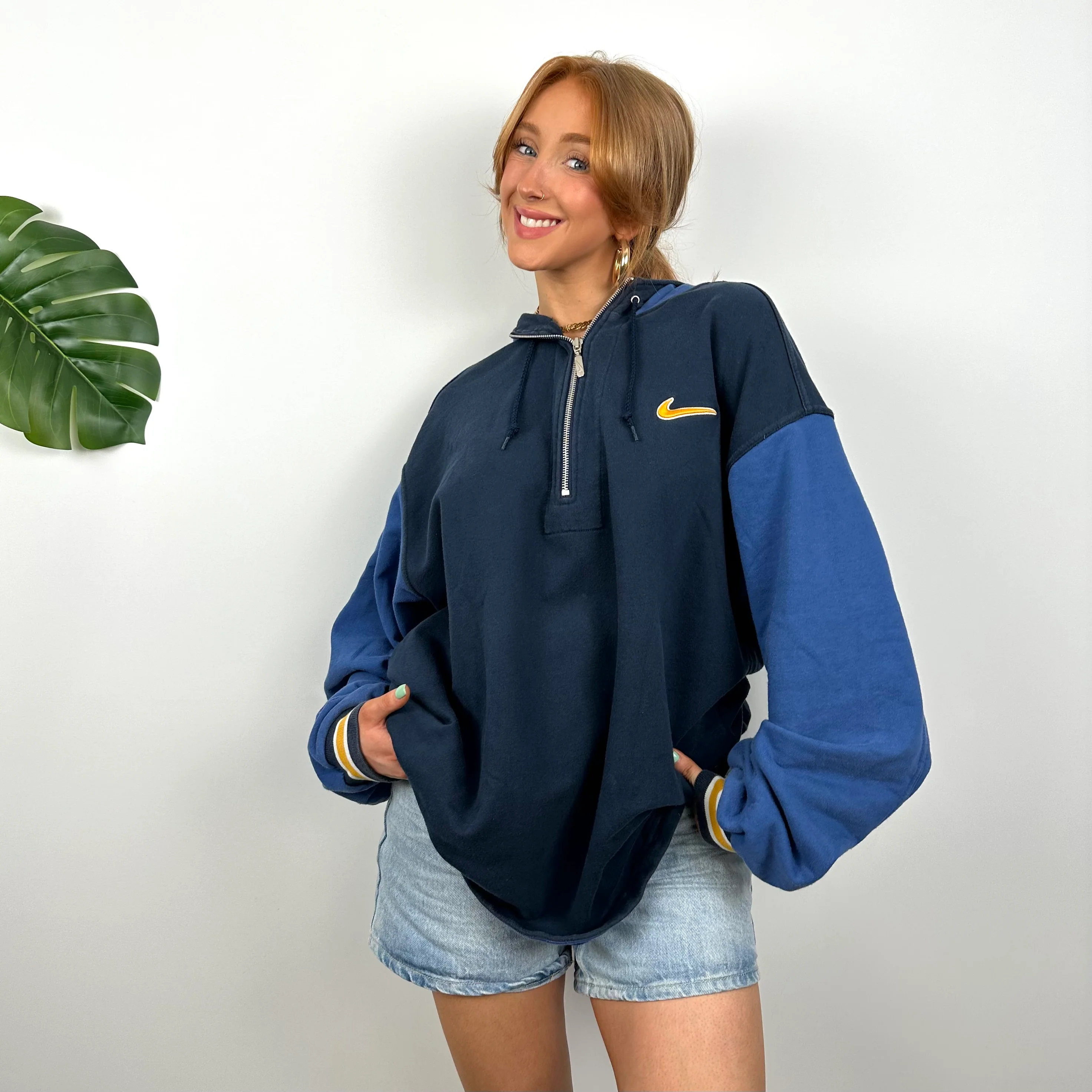 Nike RARE Navy Embroidered Swoosh Quarter Zip Hoodie (L) - Image 3