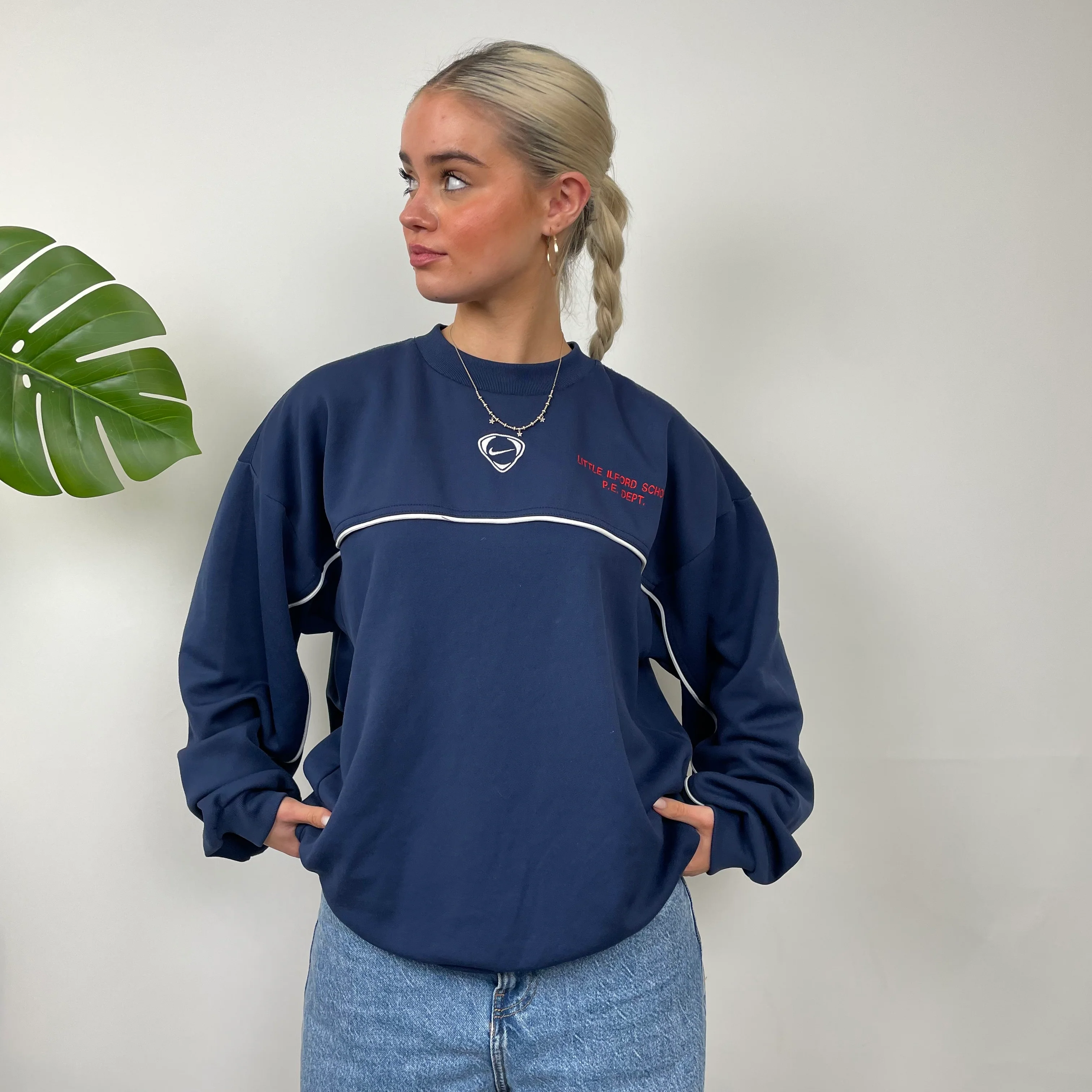 Nike RARE Navy Embroidered Swoosh Sweatshirt (M) - Image 6