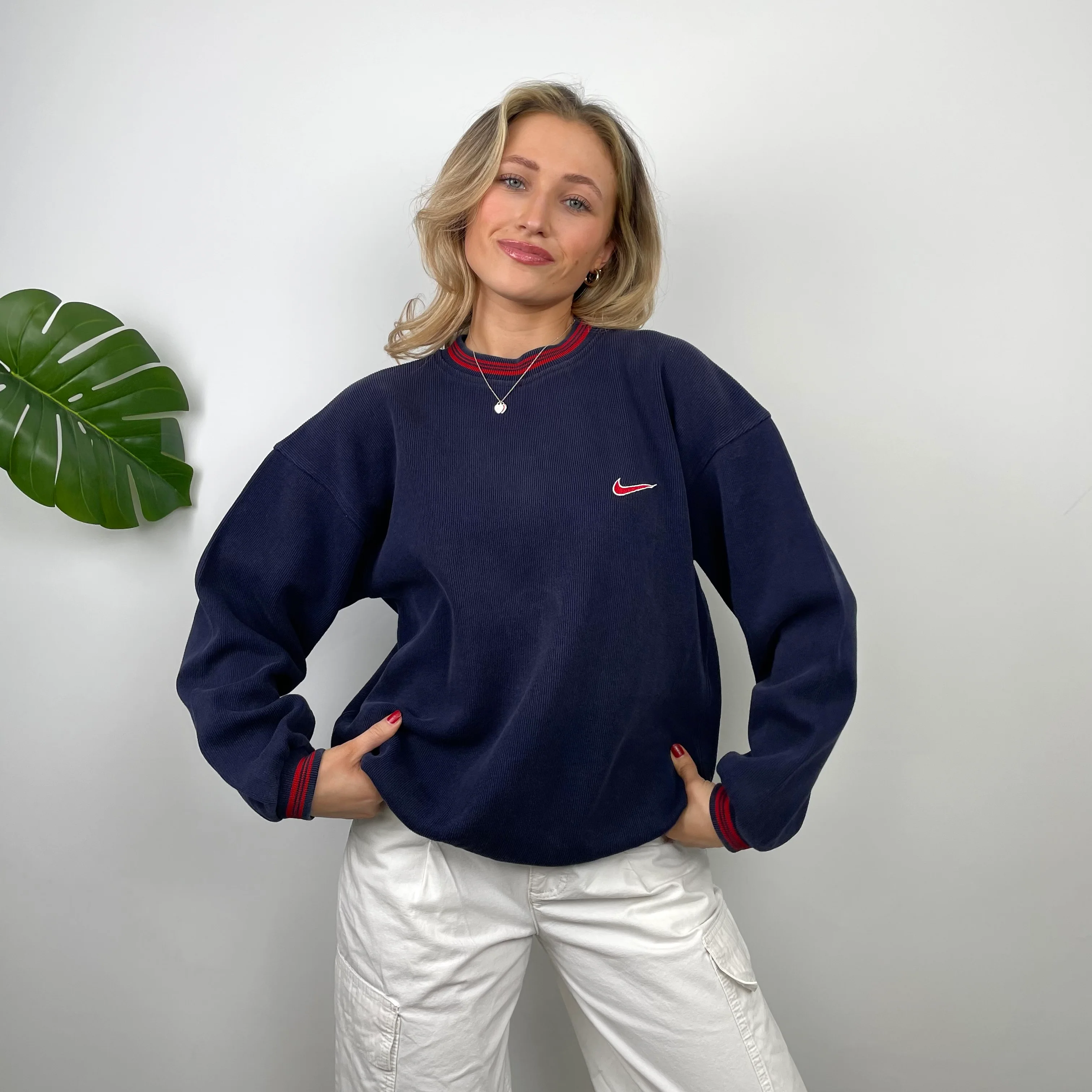 Nike RARE Navy Embroidered Swoosh Sweatshirt (S) - Image 2