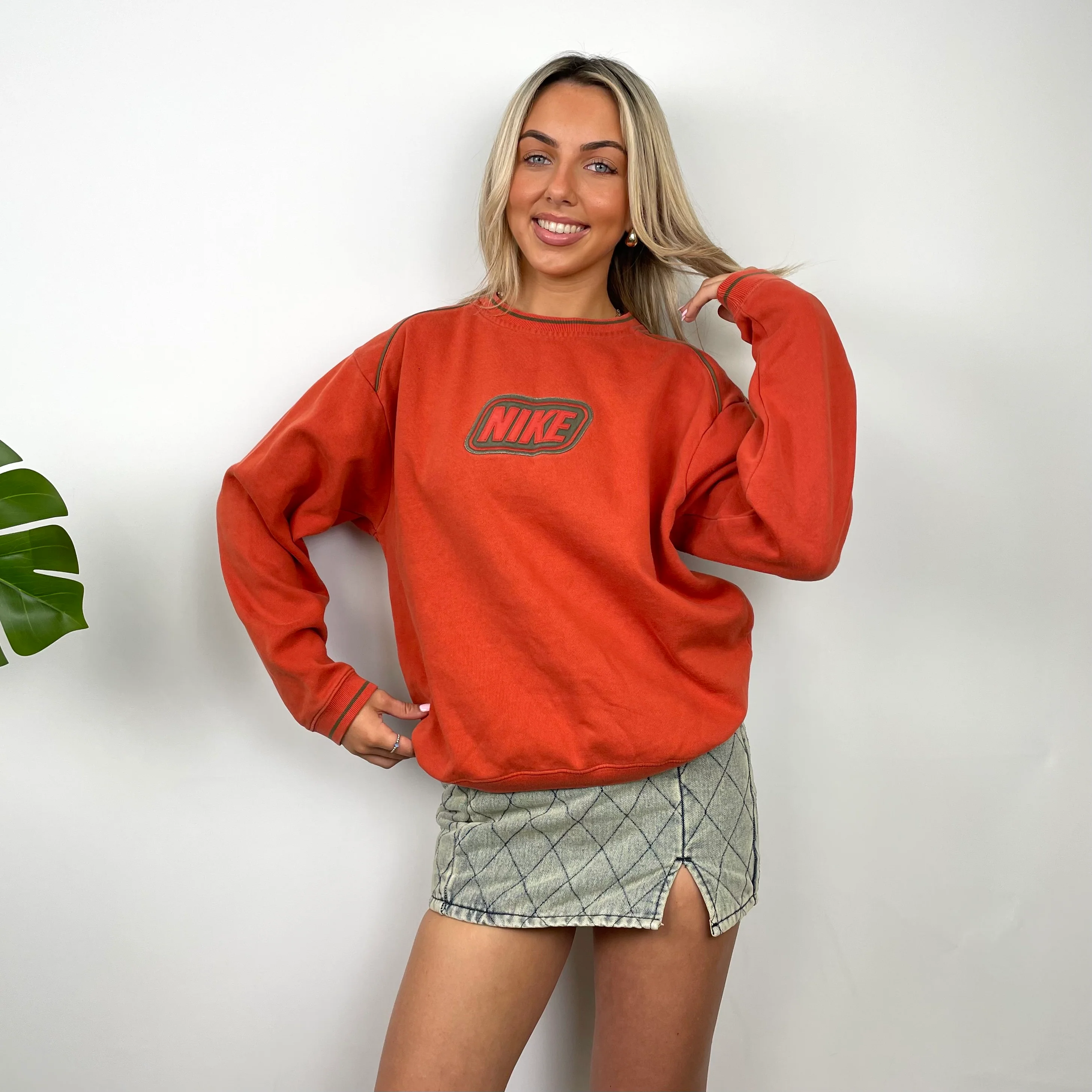 Nike RARE Orange Embroidered Spell Out Sweatshirt (S) - Image 2