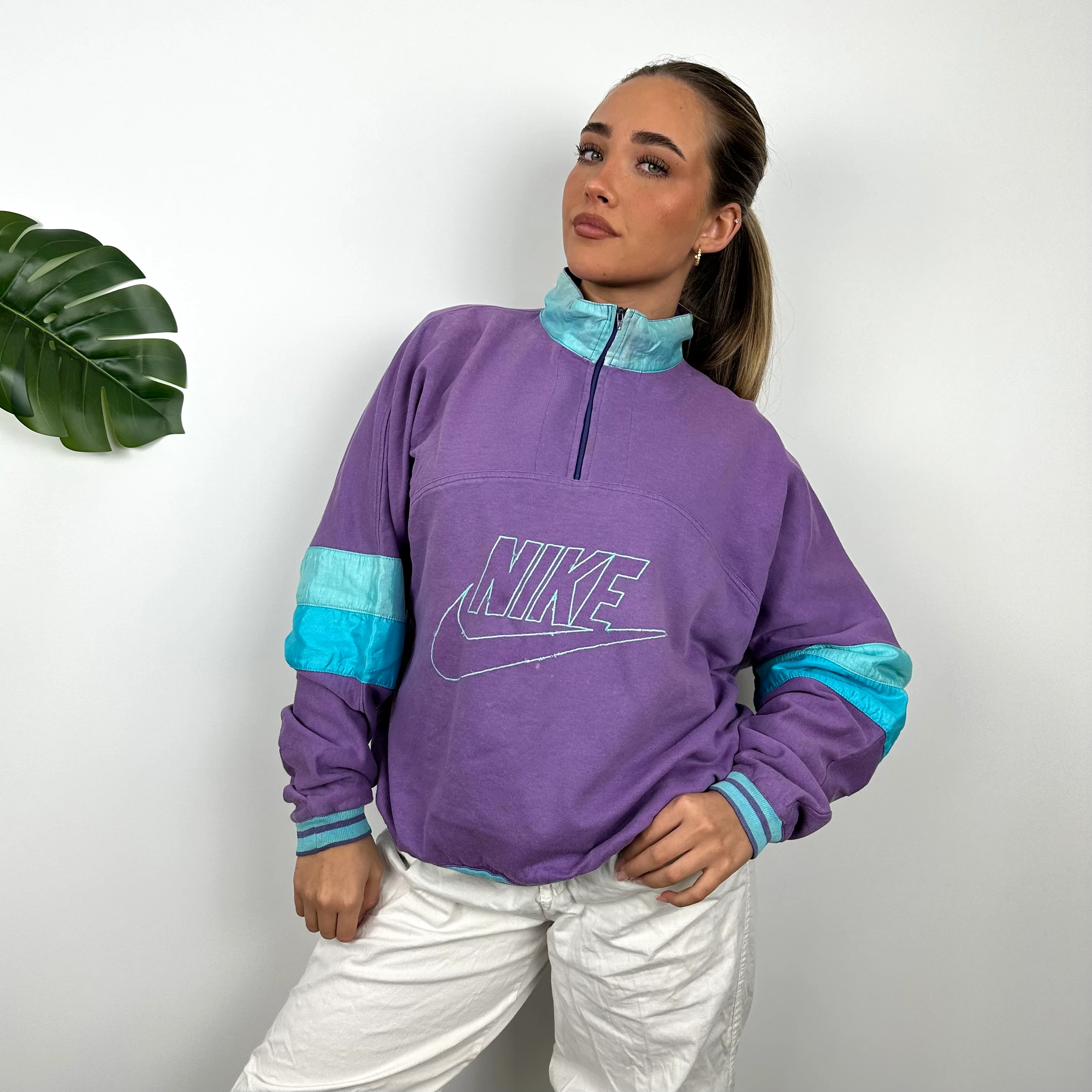 Nike RARE Purple Embroidered Spell Out Quarter Zip Sweatshirt (M) - Image 2