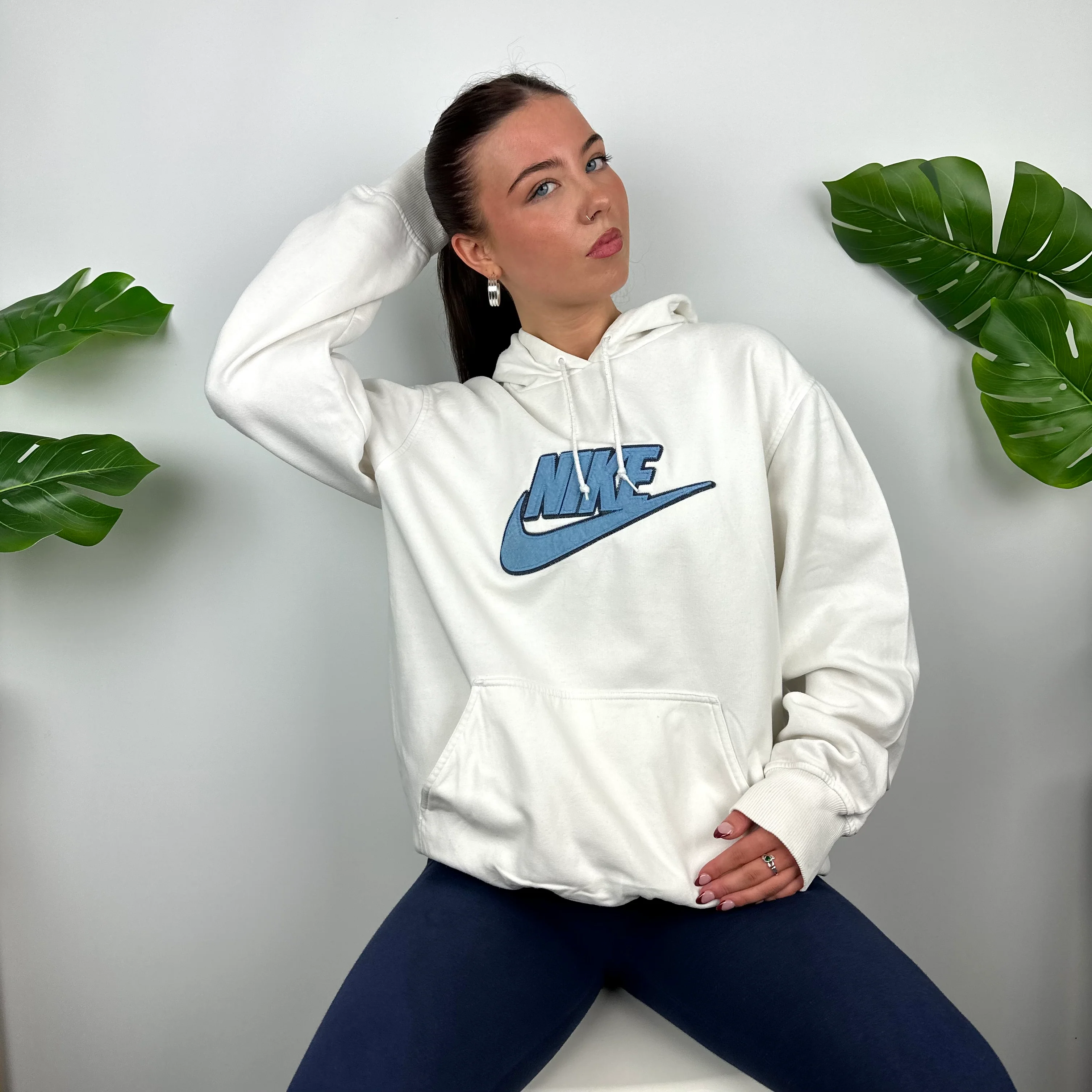 Nike RARE White Embroidered Spell Out Hoodie (L) - Image 2
