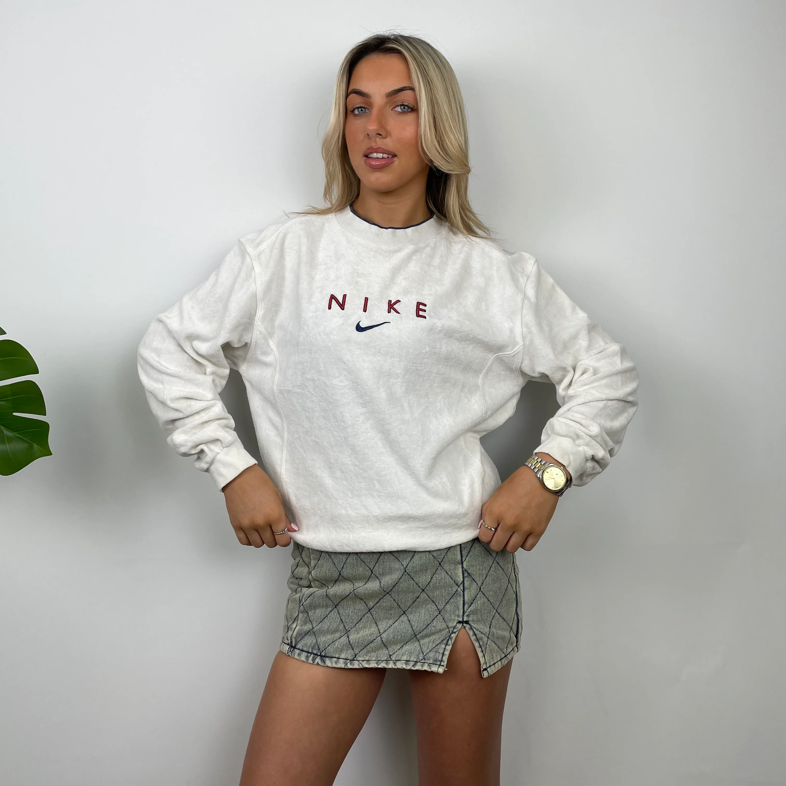 Nike RARE White Embroidered Spell Out Sweatshirt (M) - Image 2