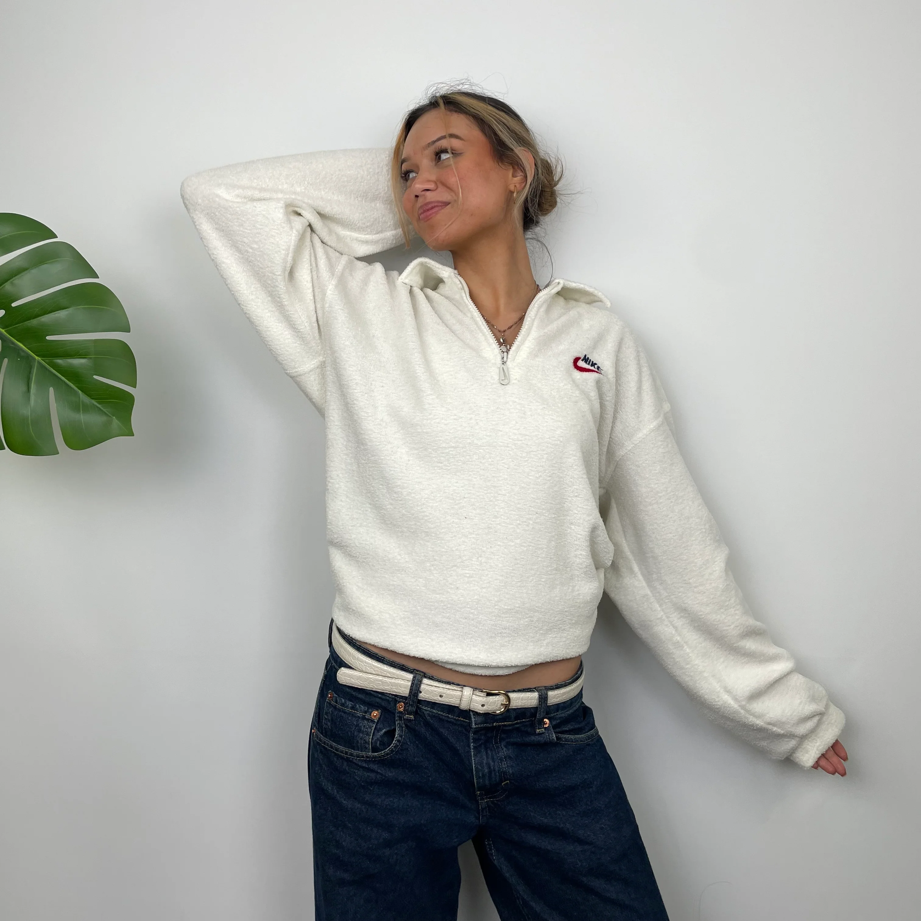 Nike RARE White Embroidered Spell Out Teddy Bear Fleece Quarter Zip Sweatshirt (L) - Image 3