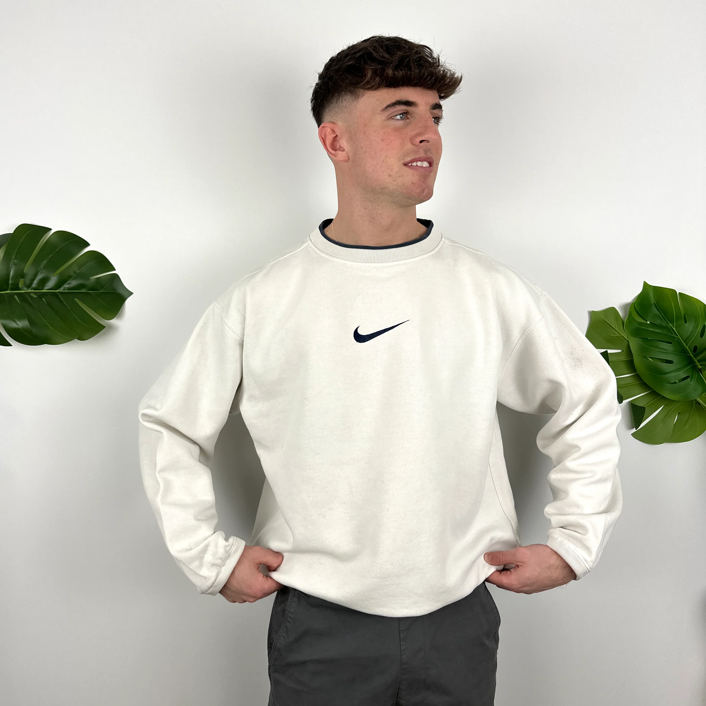Nike RARE White Embroidered Swoosh Sweatshirt (L) - Image 2