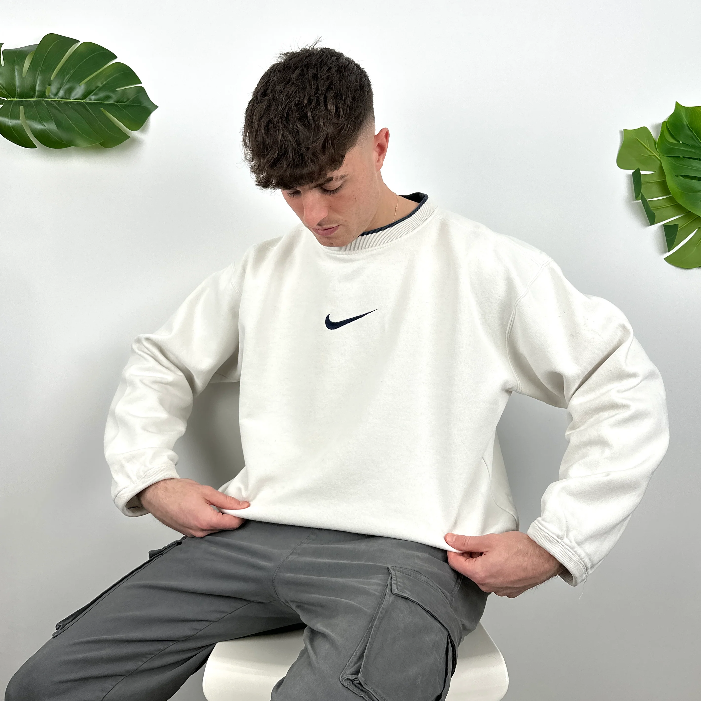 Nike RARE White Embroidered Swoosh Sweatshirt (L) - Image 6